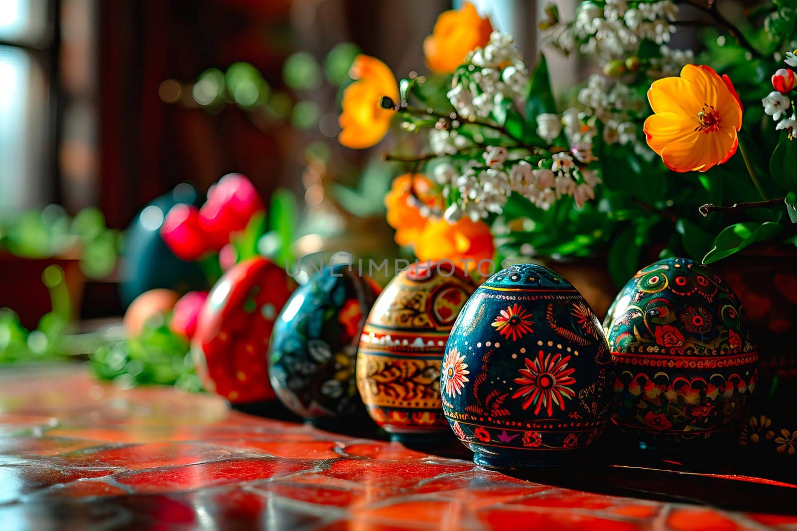Easter eggs in patterns lined up in a row. Behind the Easter eggs stand jugs of flowers. Blurred background. In the background you can see a section of a window with sunlight streaming in.