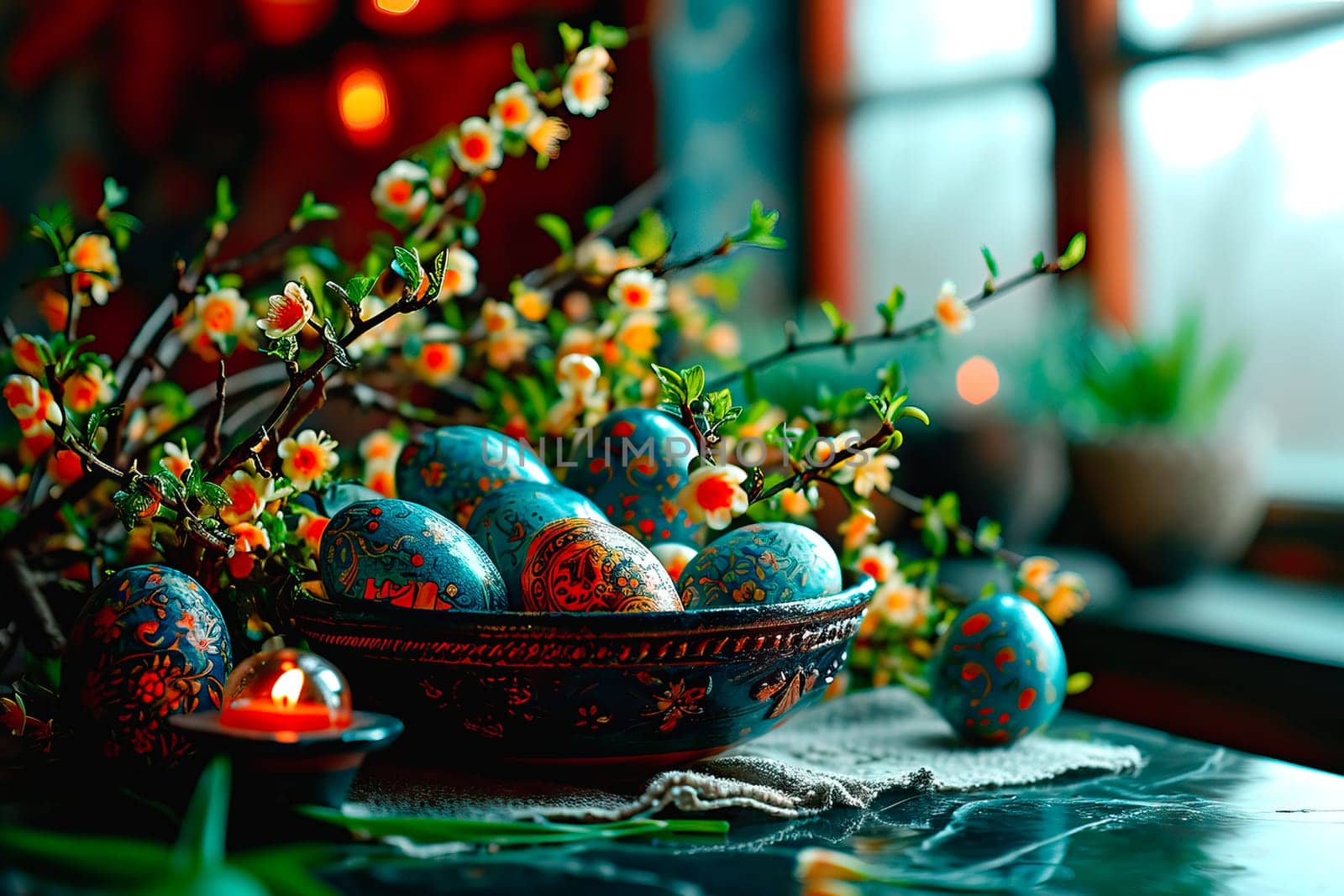 A small candle burns on the shiny kitchen counter. Colourful Easter eggs lie next to it. They are in a wicker basket. Next to the Easter eggs are a few sprigs with yellow flowers.
