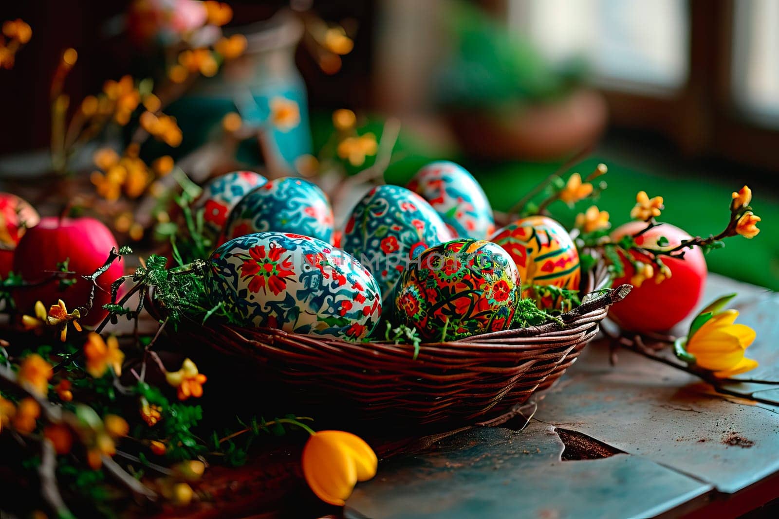 The wooden kitchen table is decorated with Easter decorations. Close-up of a wicker basket filled with Easter eggs. The Easter eggs are hand-painted in folk patterns.