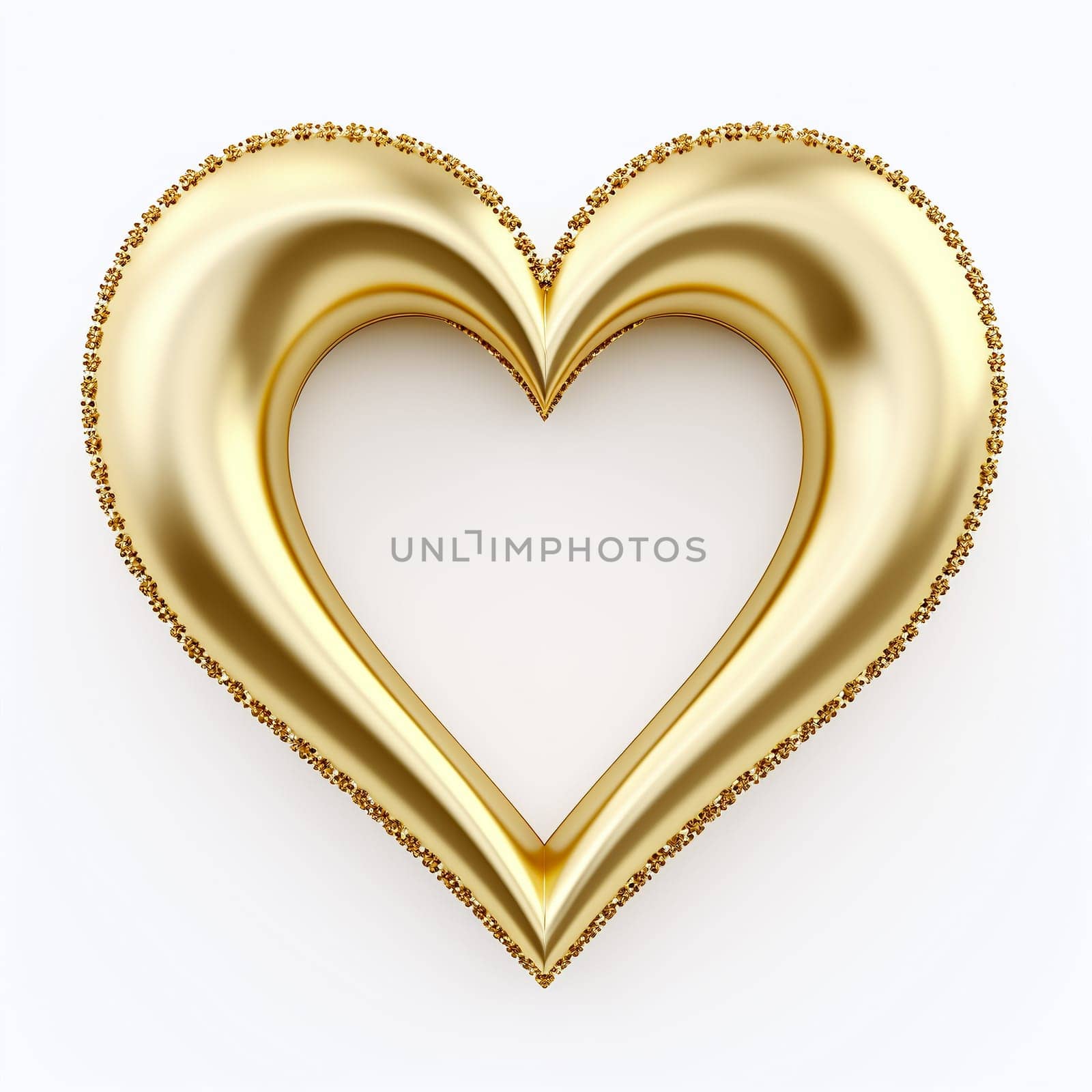 This image showcases a polished golden heart with glittering edges, set against a clean white backdrop, symbolizing elegance, affection, and valentine's day concept