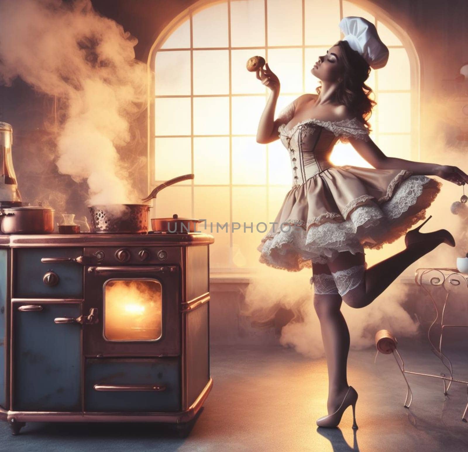 glamourous chef in steampunk kitchen with windiwn natural light cooking posing dancing singing illustration by verbano