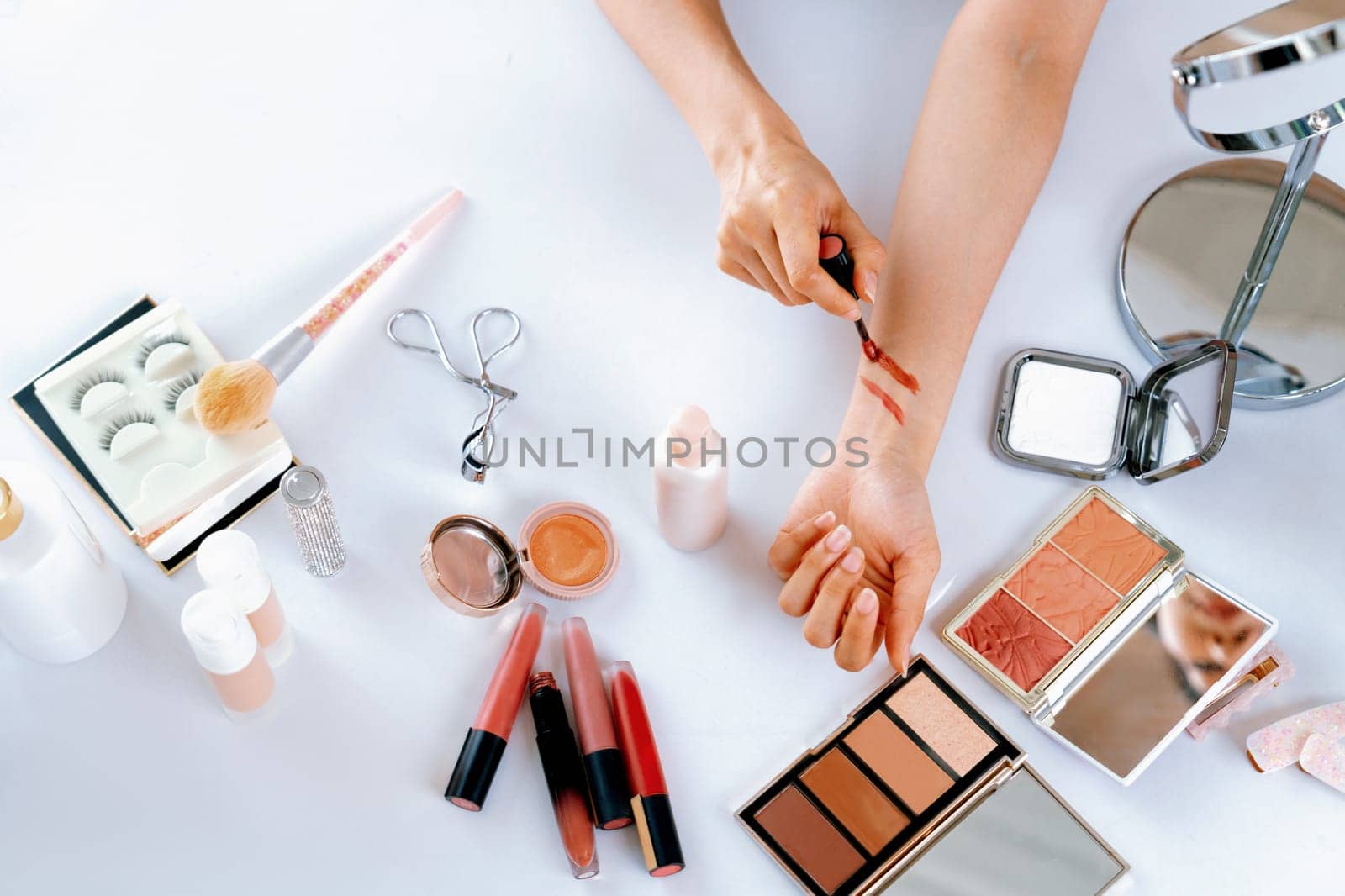 Close up top view image of beauty influencer shoot uttermost marketing video by biancoblue