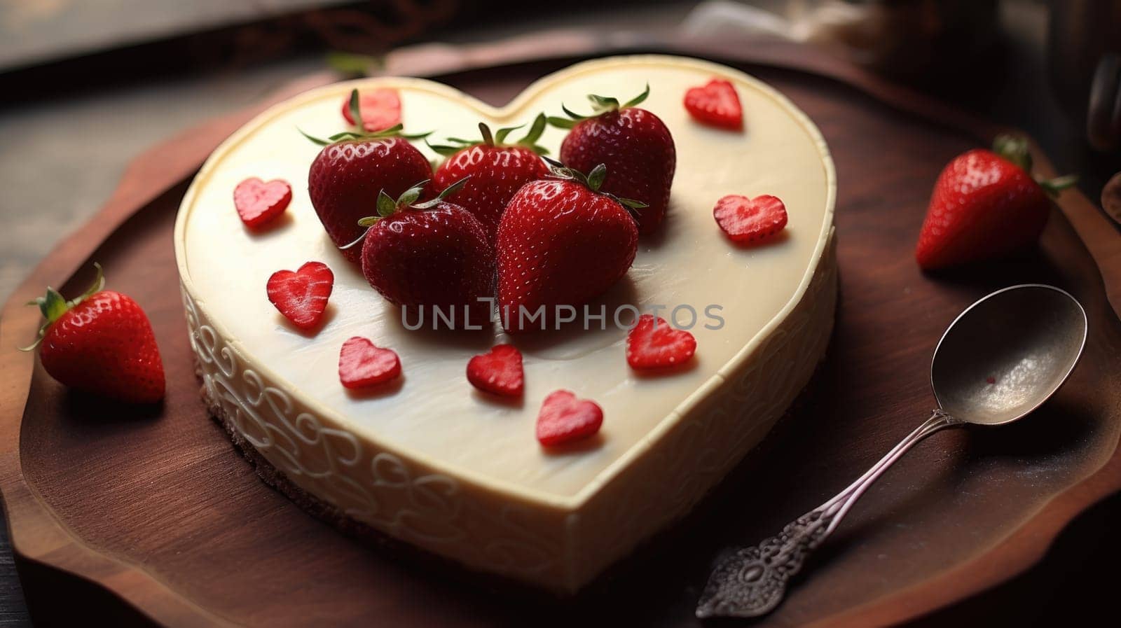 Valentines day heart shaped cheese cake with strawberries on wooden plate. Valentines day dessert. Top view with copy space