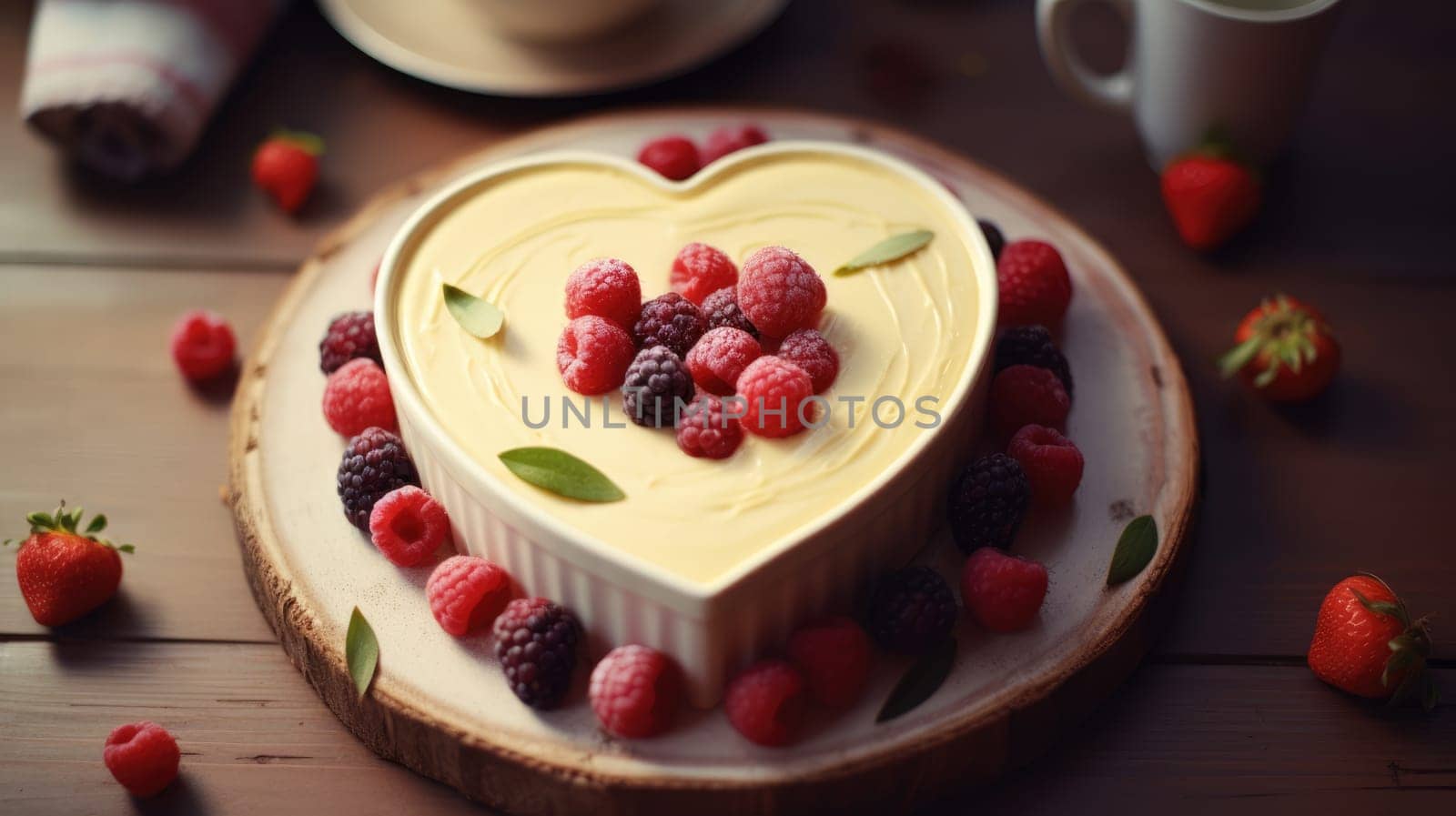 Valentines day heart shaped cheese cake with strawberries on wooden plate. Valentines day dessert. Top view with copy space