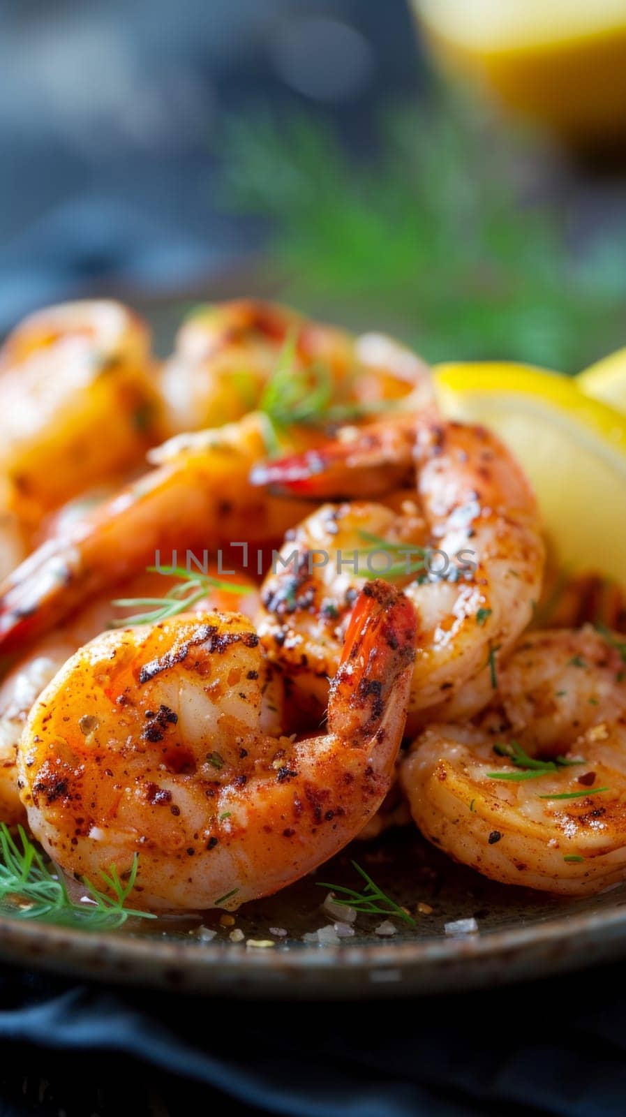 Close up of grilled seafood shrimp with lemon , spices and herbs.