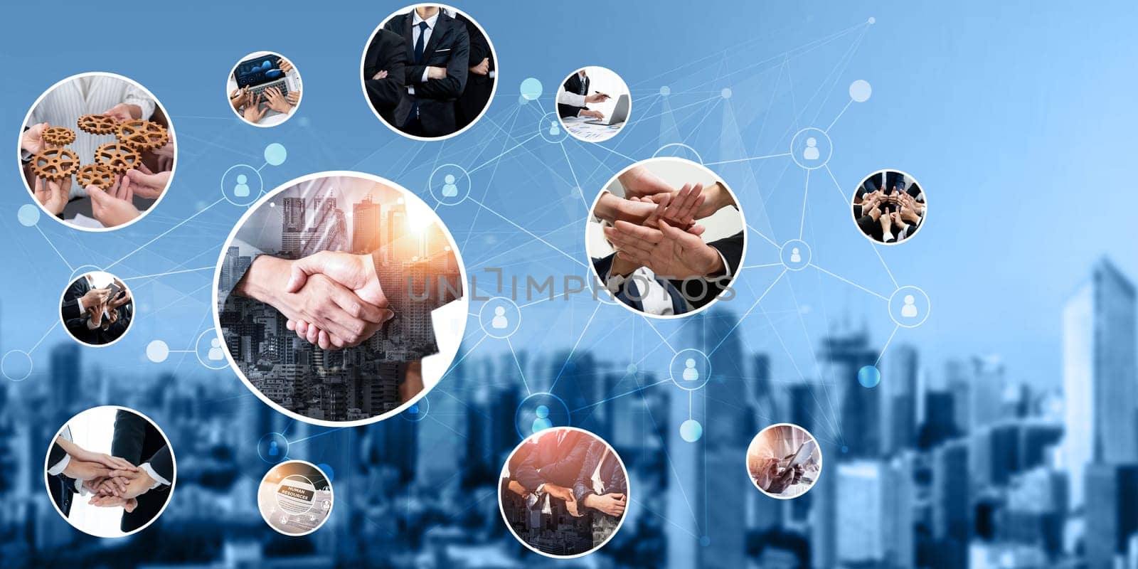 Teamwork and human resources HR management technology concept in corporate business with people group networking to support partnership, trust, teamwork and unity of coworkers in office kudos