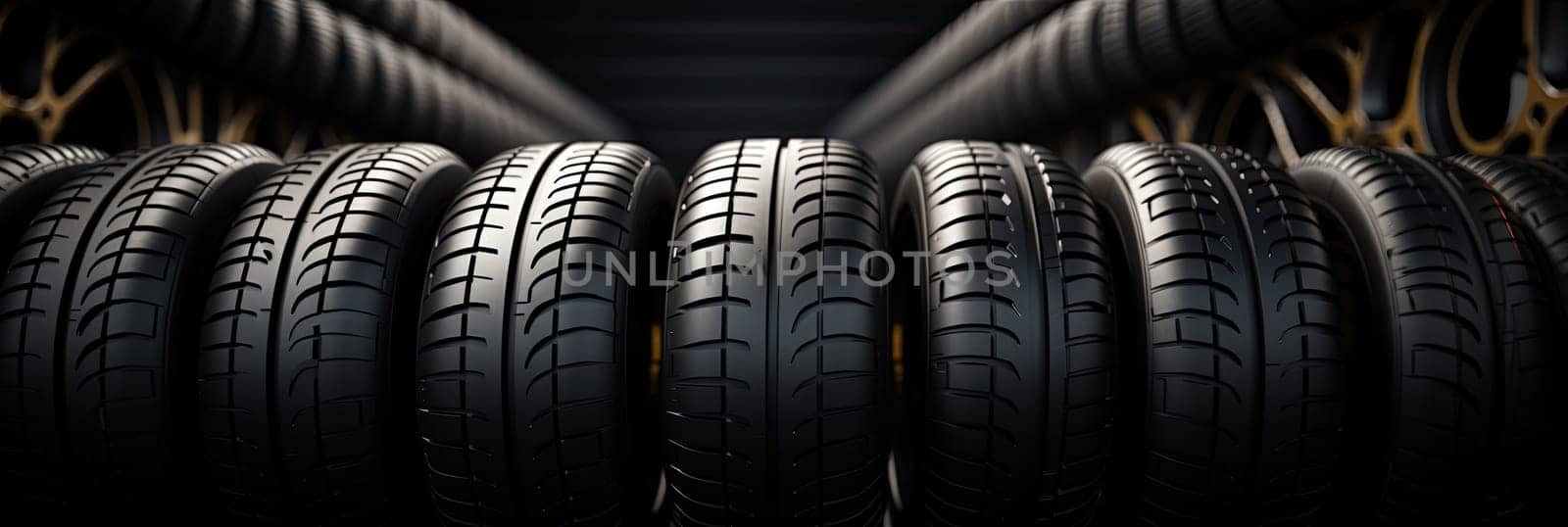 New black tires pile on a dark black background close-up. Tire fitting background with stack of car tires. Copy space. Generative AI