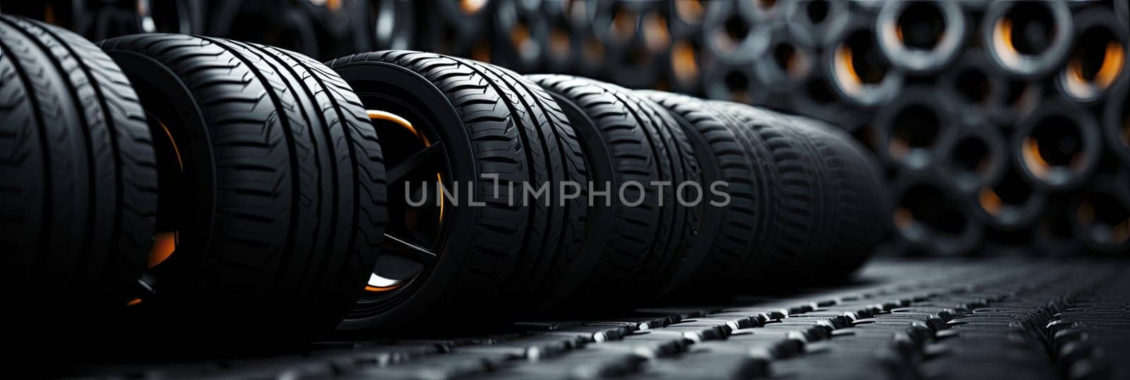 New black tires pile on a dark black background close-up. Tire fitting background with stack of car tires. Copy space. Generative AI