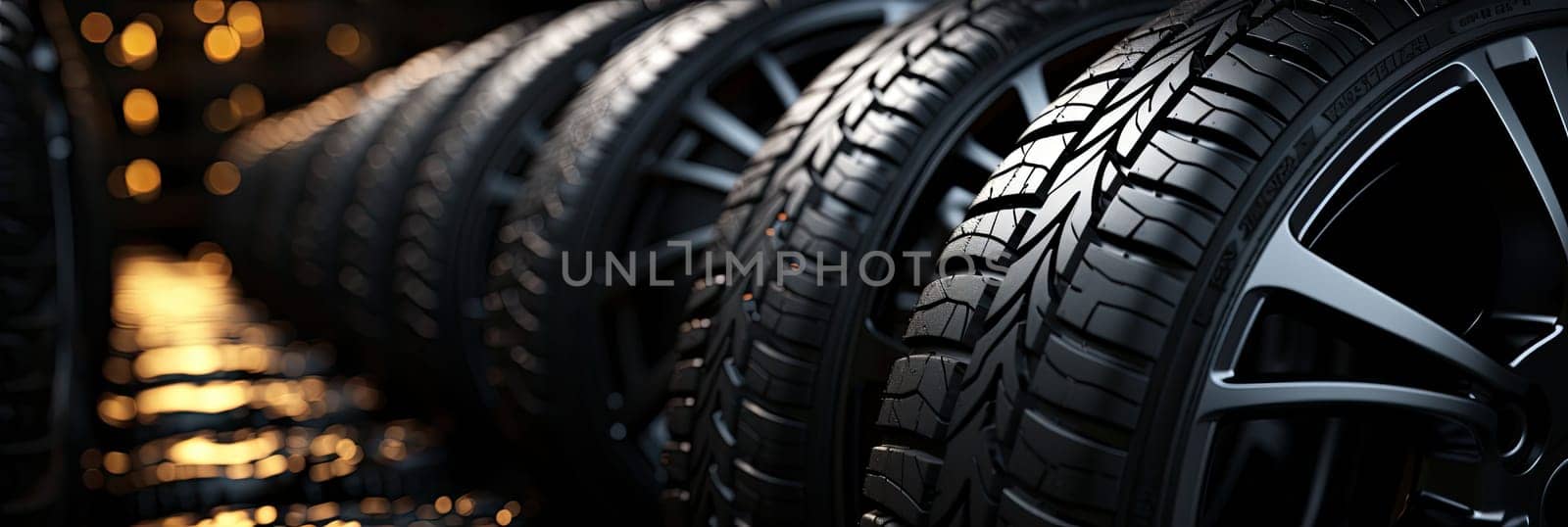 New black tires pile on a dark black background close-up. Tire fitting background with stack of car tires. Copy space. Generative AI