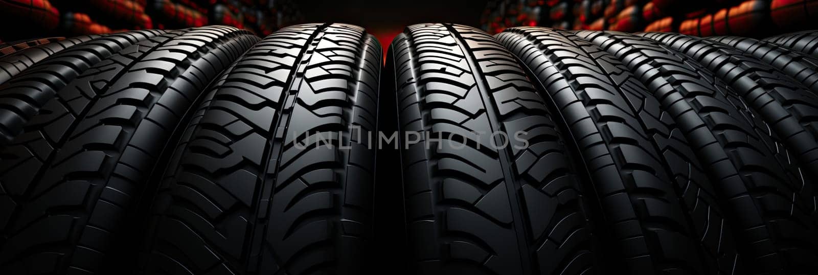 New black tires pile on a dark black background close-up. Tire fitting background with stack of car tires. Copy space. Generative AI by AnatoliiFoto