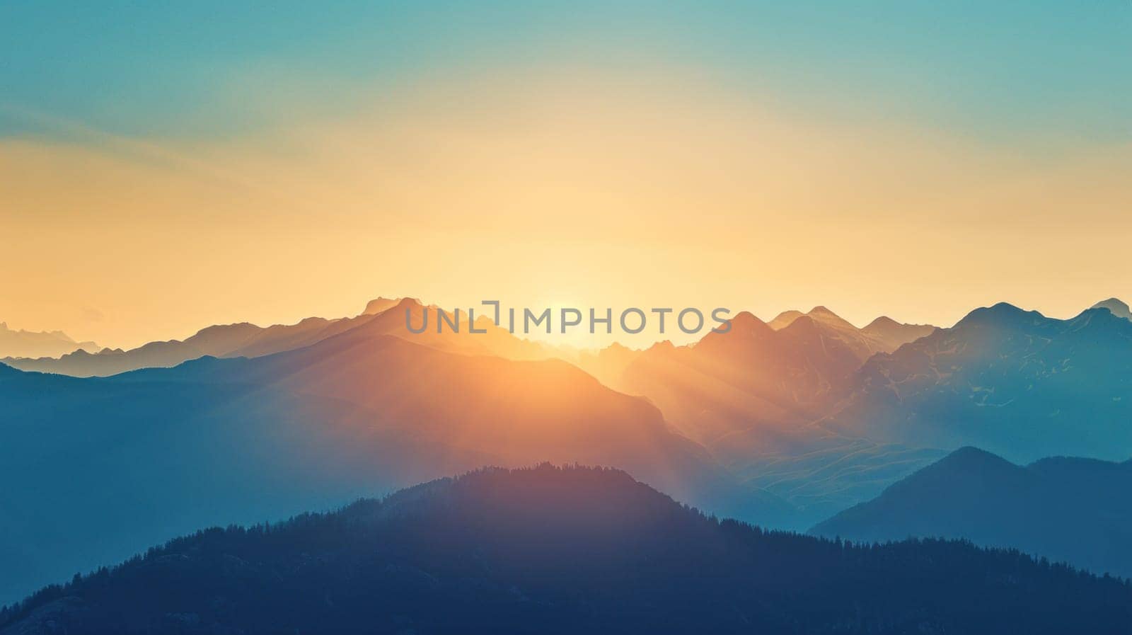 Serene mountain dawn with vibrant sky. Copy space. AI generated. by ChikaArt