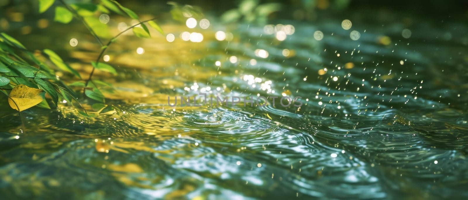 Water ripples with lush green leaves. AI generated. by ChikaArt