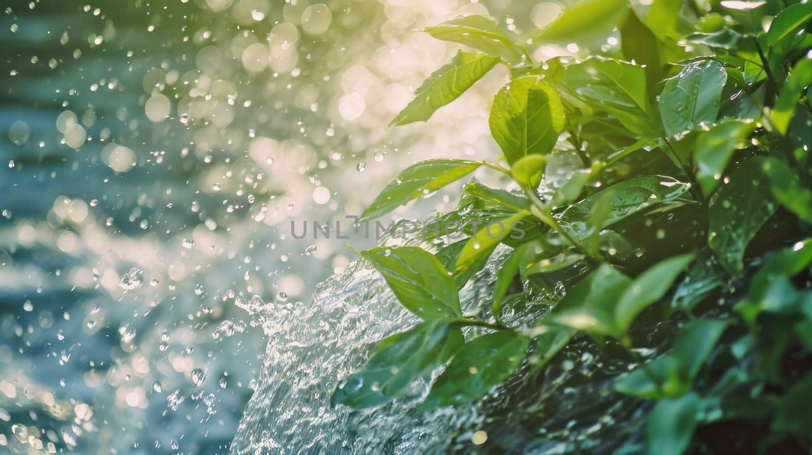 Sunlit droplets on fresh green foliage. Created using AI generated technology and image editing software.