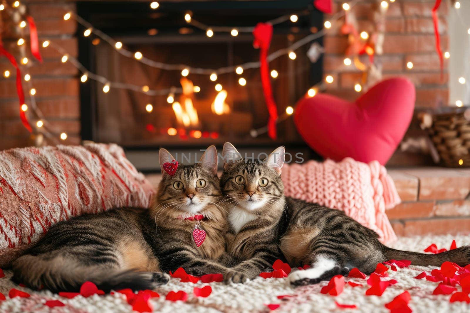 A couple of happy kittens cats together in a cozy room. Kittens loving each other. Adorable cat hugs for Valentine's Day. pragma