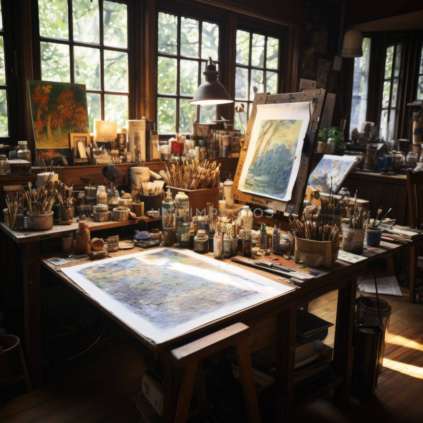 artist workspace with paintings and canvas, big studio with windows, ai generated
