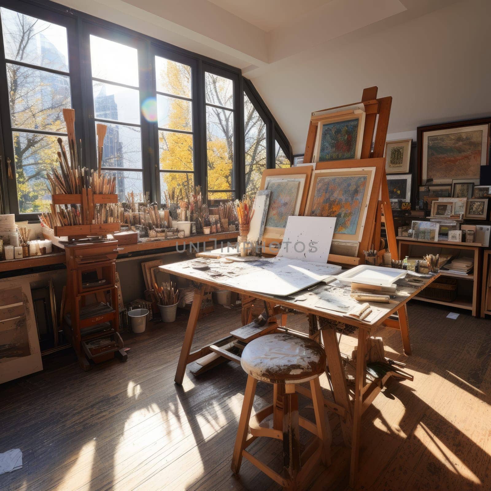artist workspace with paintings and canvas, big studio with windows, ai generated