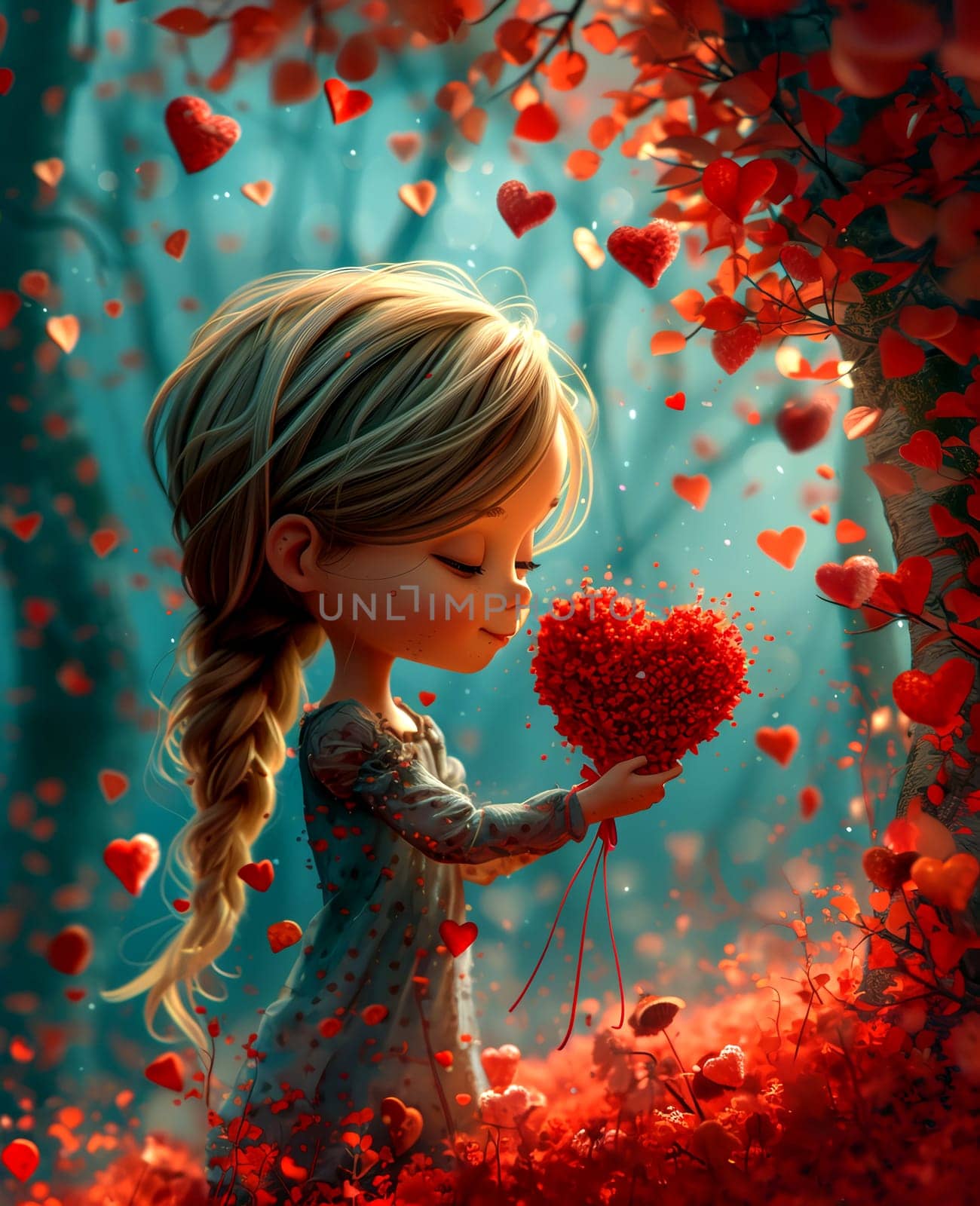 A romantic girl holds in her hands a heart made from many small hearts. AI generated.