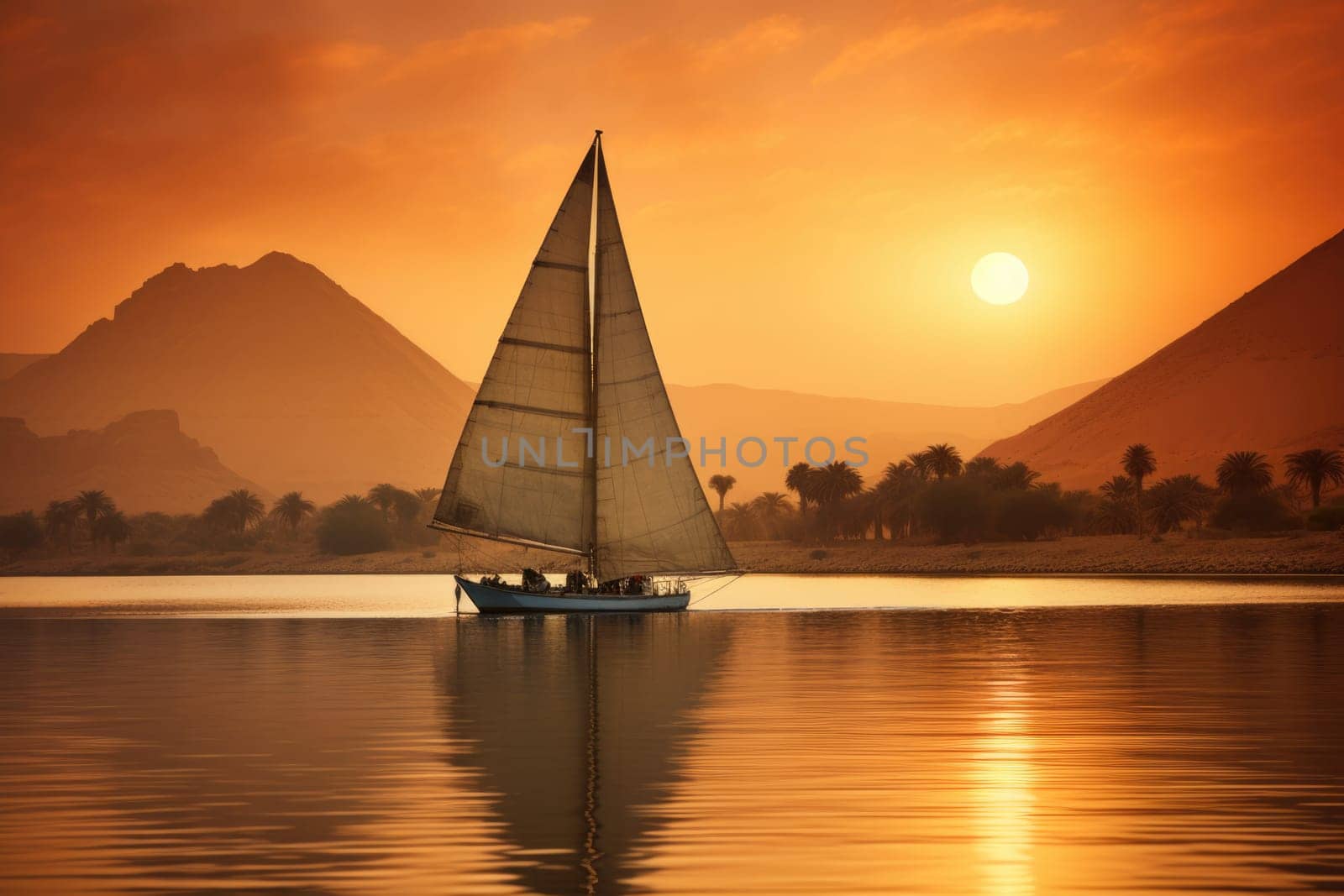 The Nile and sailboat in sunset, pyramids on the background. ai generated