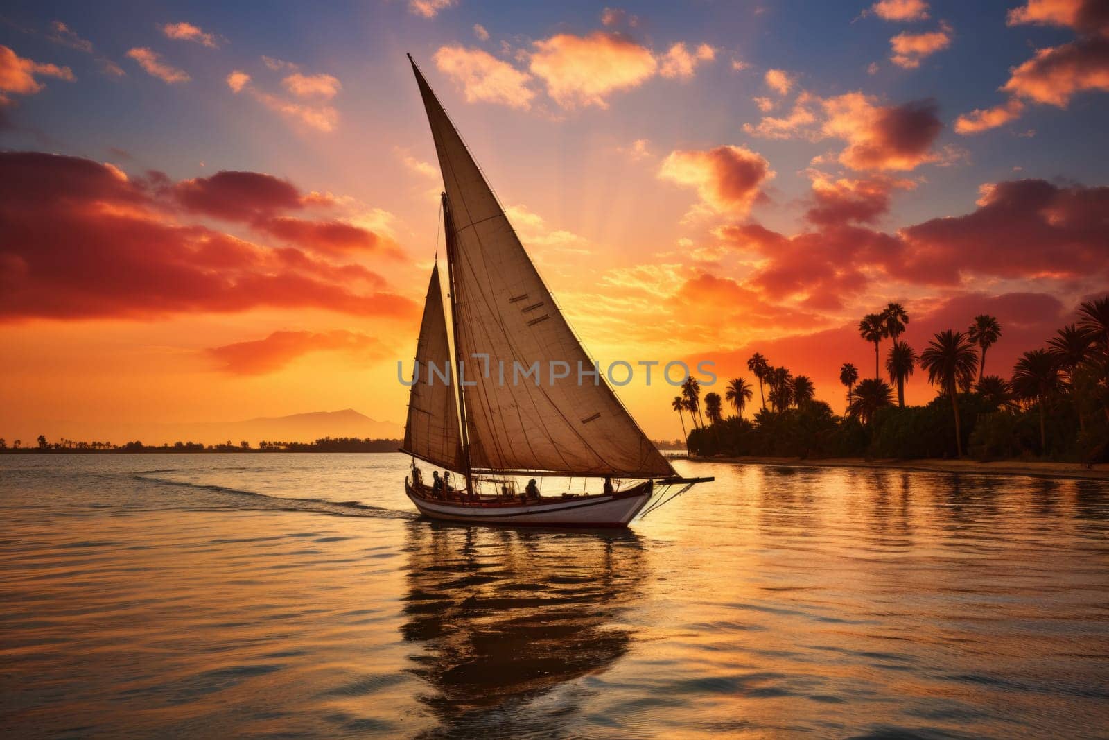 The Nile and sailboat in sunset, pyramids on the background. ai generated by Desperada