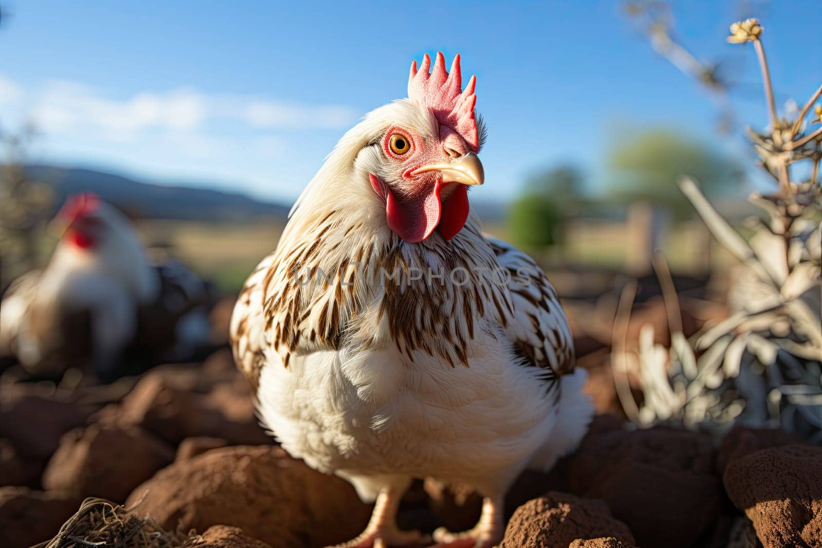 group of chickens in close-up on a walk, Generative AI by AnatoliiFoto