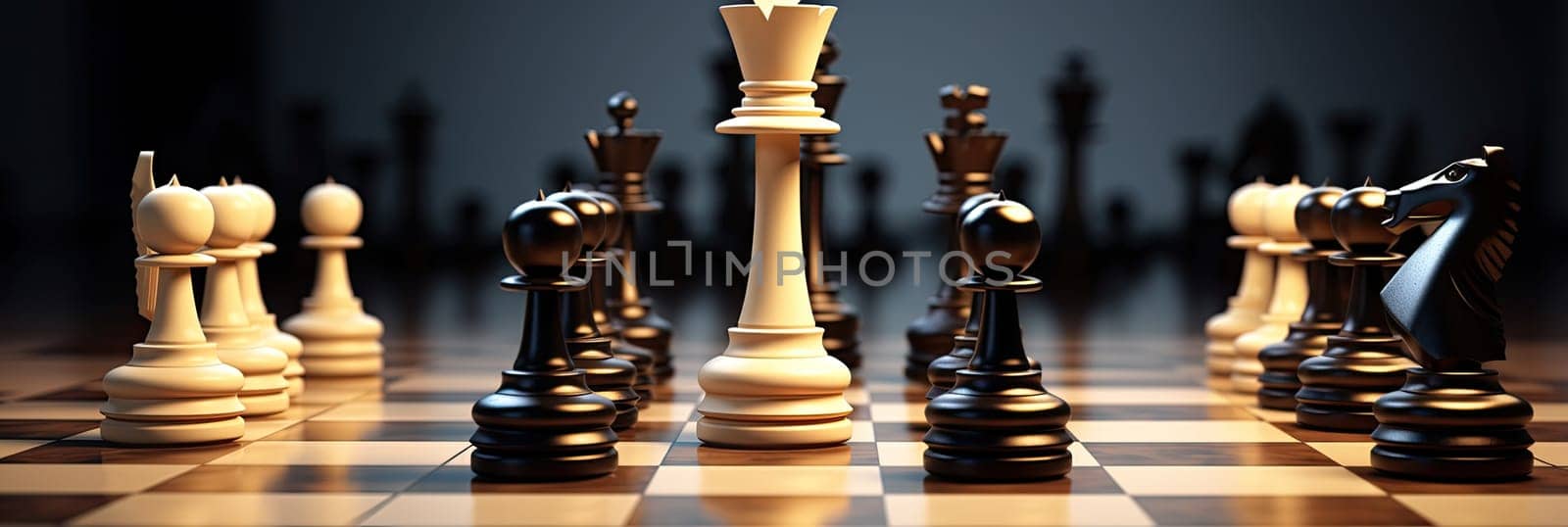 Chess pieces standing on a chessboard. Strategy of playing and winning, abstract by AnatoliiFoto