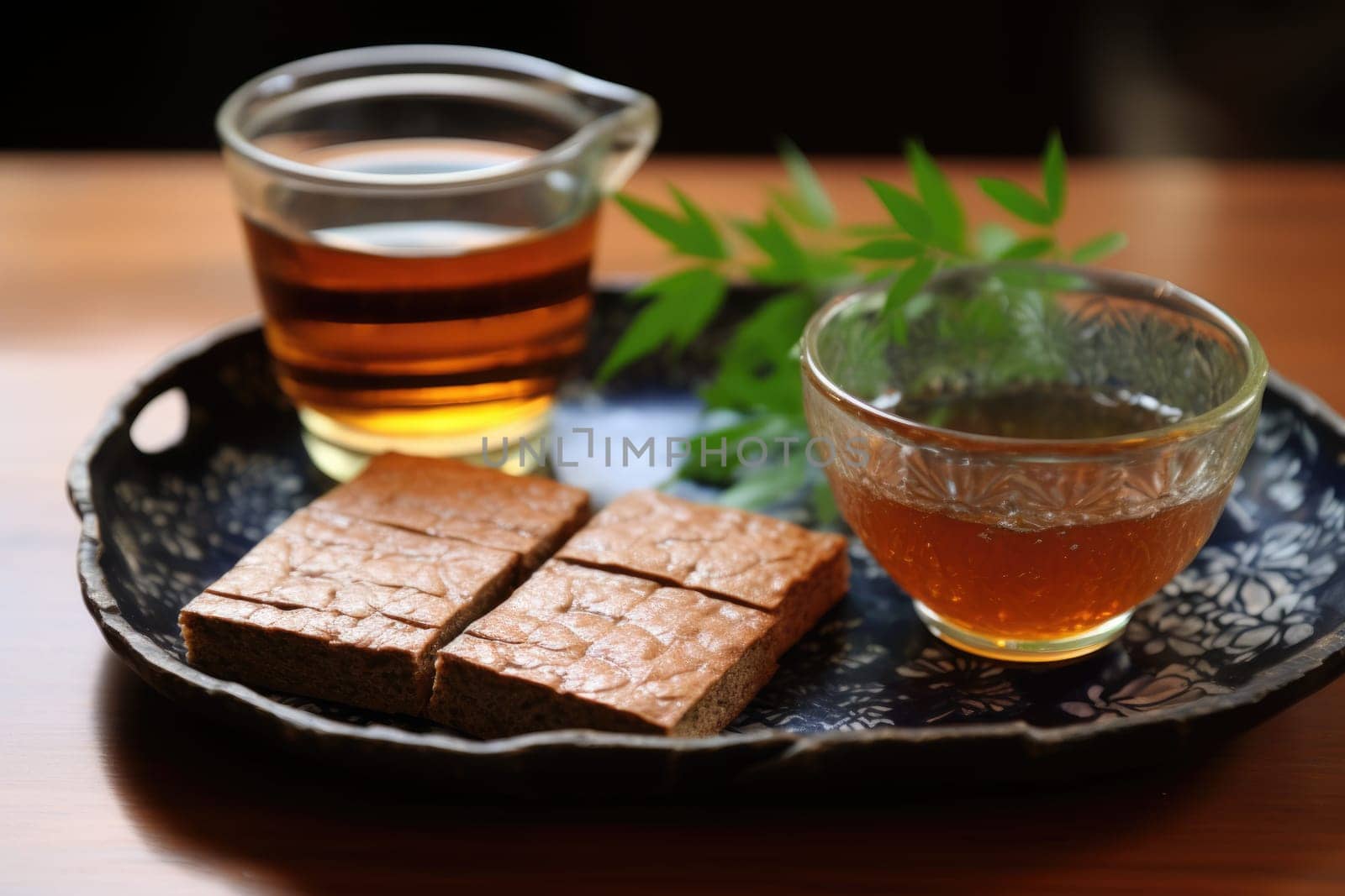 Kuri-yokan, Chestnuts yokan, sweet bean jelly, jelly made from Azuki beans, Japanese wagashi and green tea. ai generated