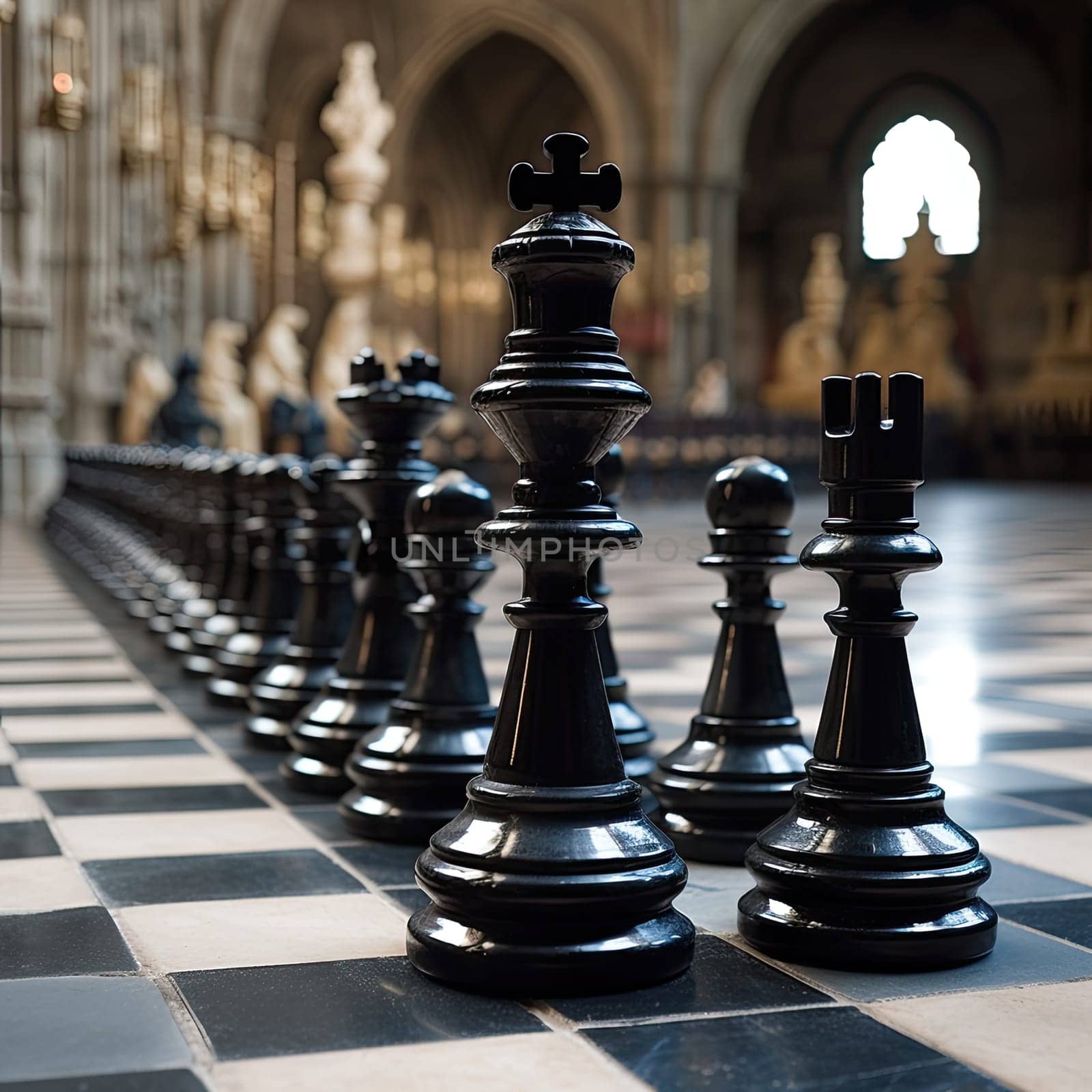 Chess pieces standing on a chessboard. Strategy of playing and winning, abstract by AnatoliiFoto