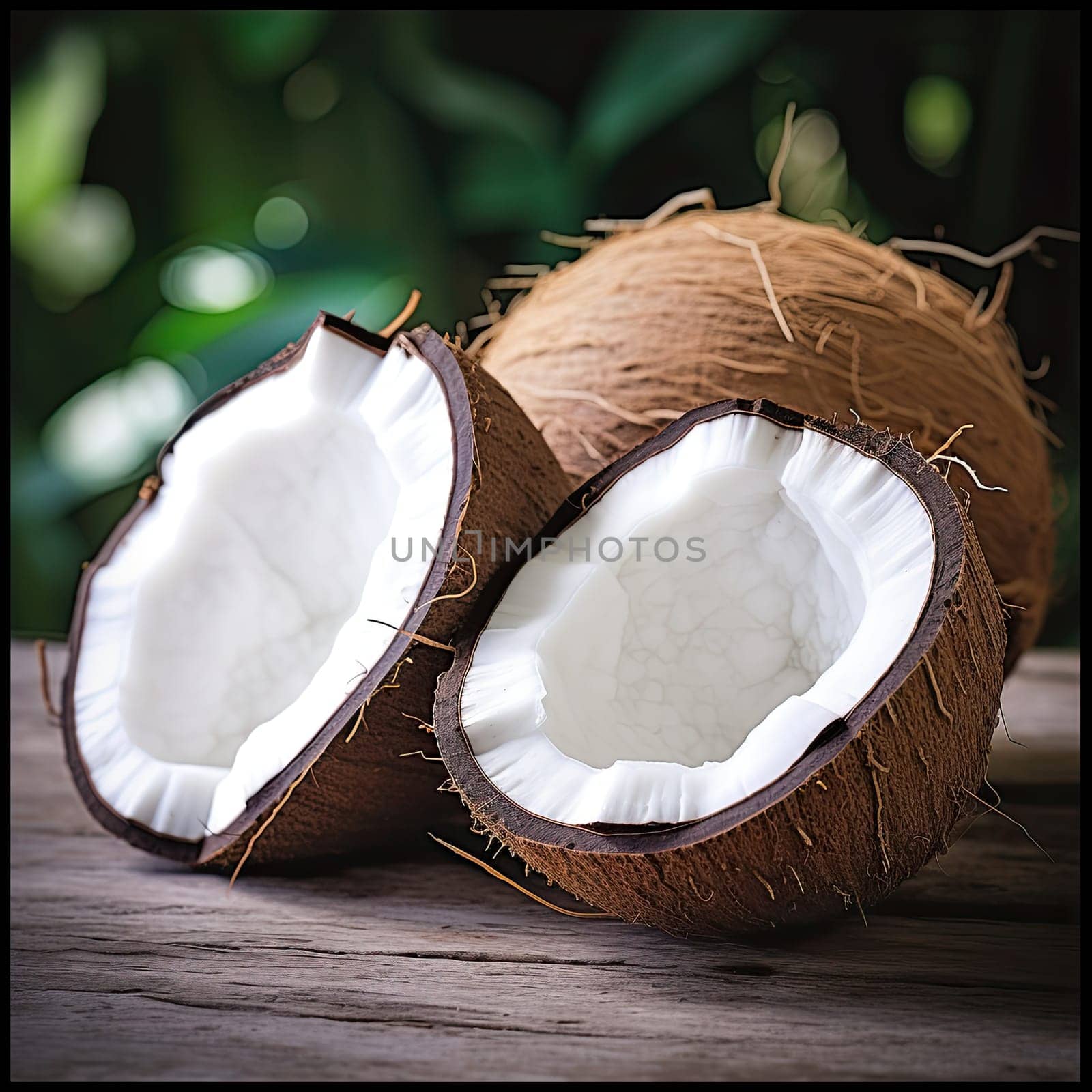 Closeup of broken coconut fruit on wooden background with space for caption. by AnatoliiFoto