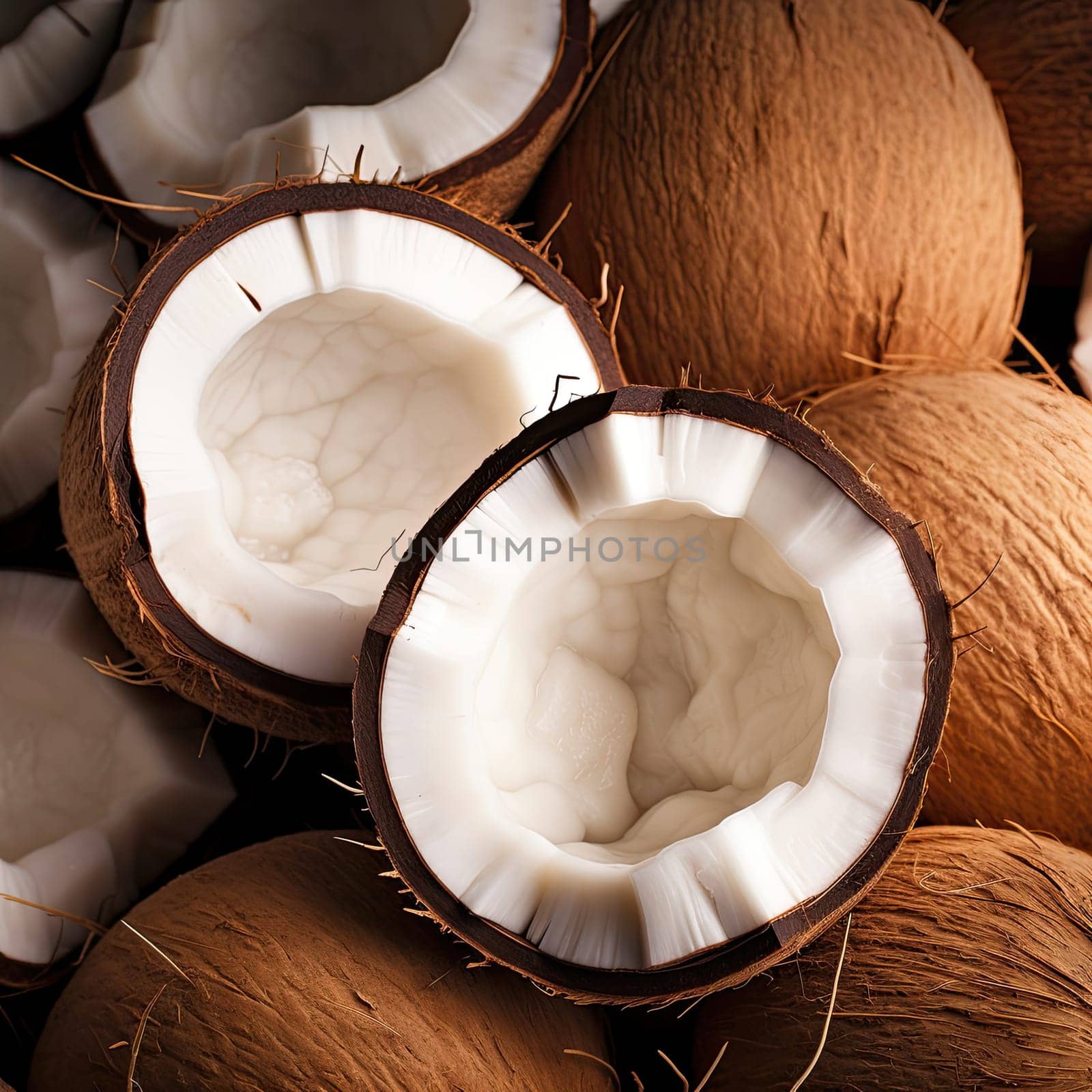 Closeup of broken coconut fruit on wooden background with space for caption. Banner for spa, healthy eating, coconut oil for food and body, generative AI
