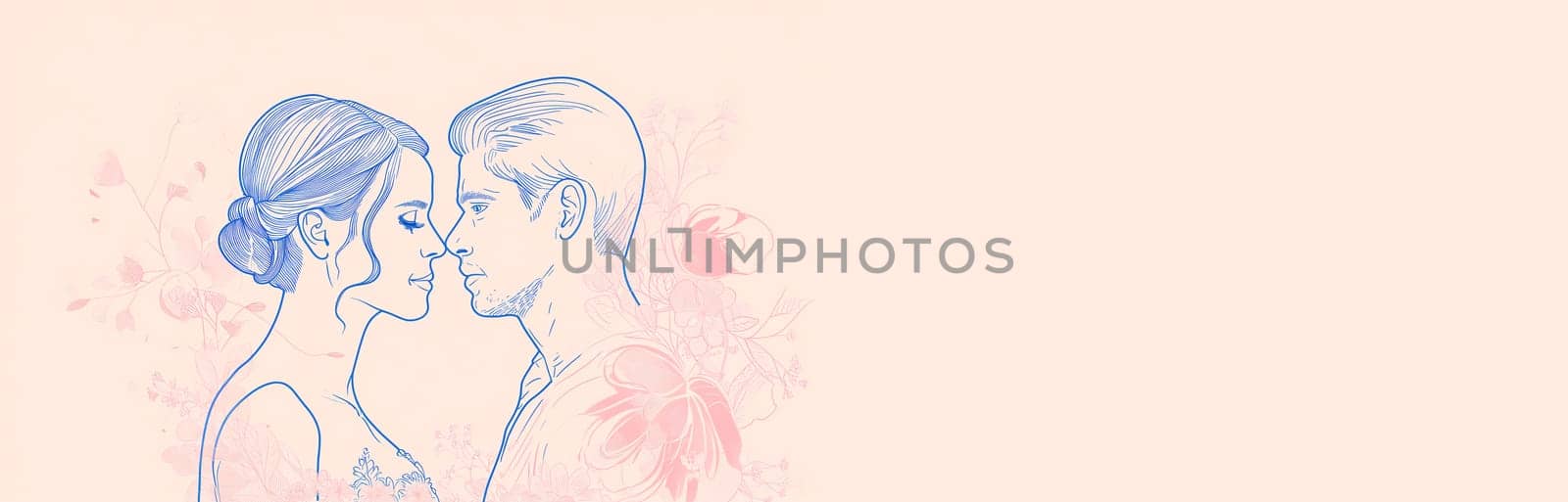 Banner Marriage Week. Beautiful Bride And Groom Look at Each Other, Flowers are Around, Copy Space For Text. minimalist line illustration. Love, Family Celebration Beige Pastel Background AI Generated by netatsi
