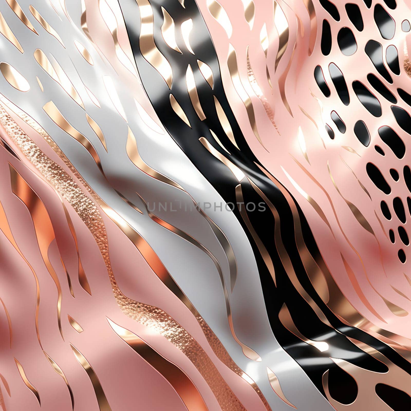 Wavy Gradient: Bright Abstract Pattern on White, with Tiger Skin-like Geometric Shapes and Flowing Watercolor Elements in a Trendy Safari Style