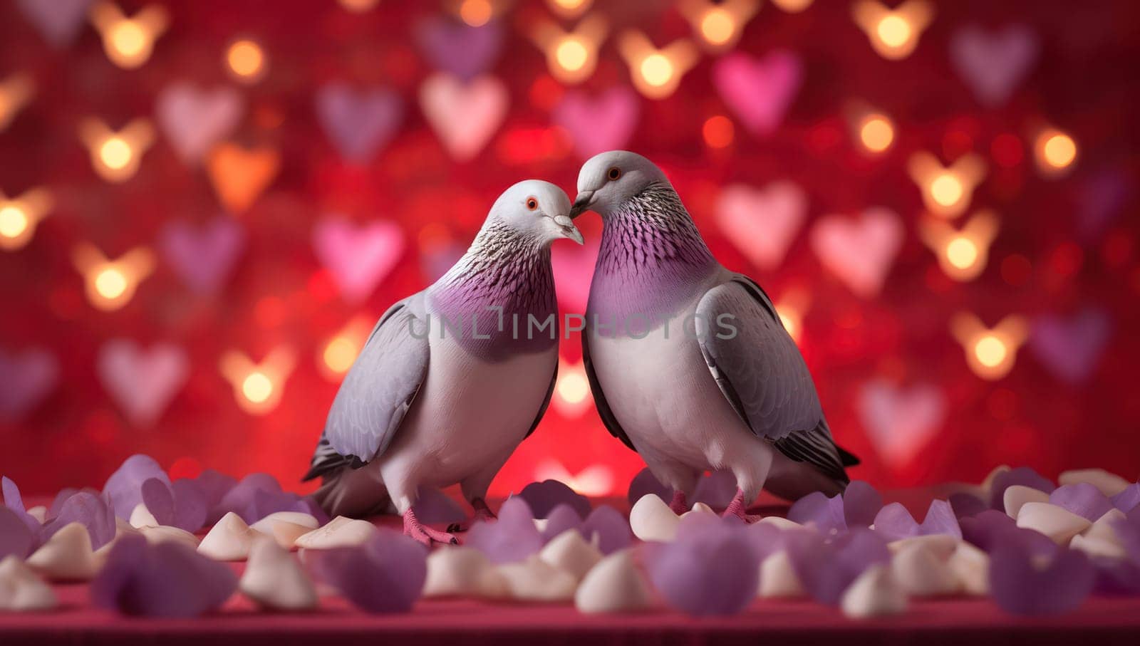 Lovebirds on Grey: A Beautiful and Cute Couple of Doves Showing Affection, Sitting on a Perched Branch with Green Background.