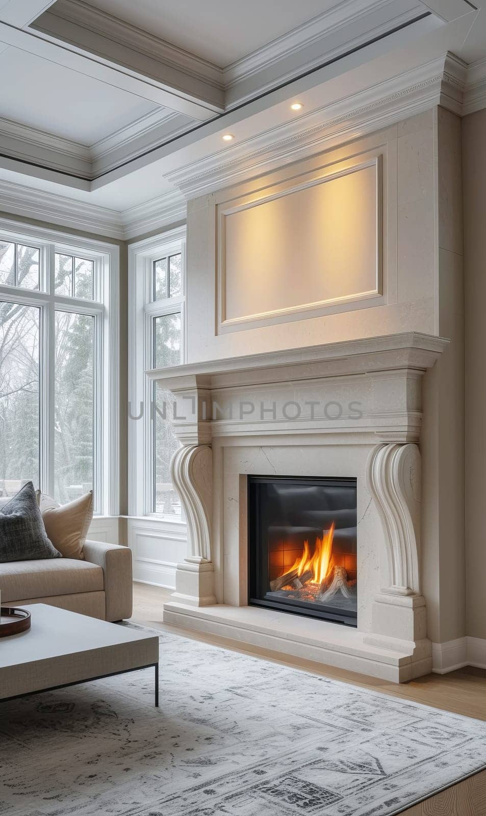 Cozy modern winter living room interior.