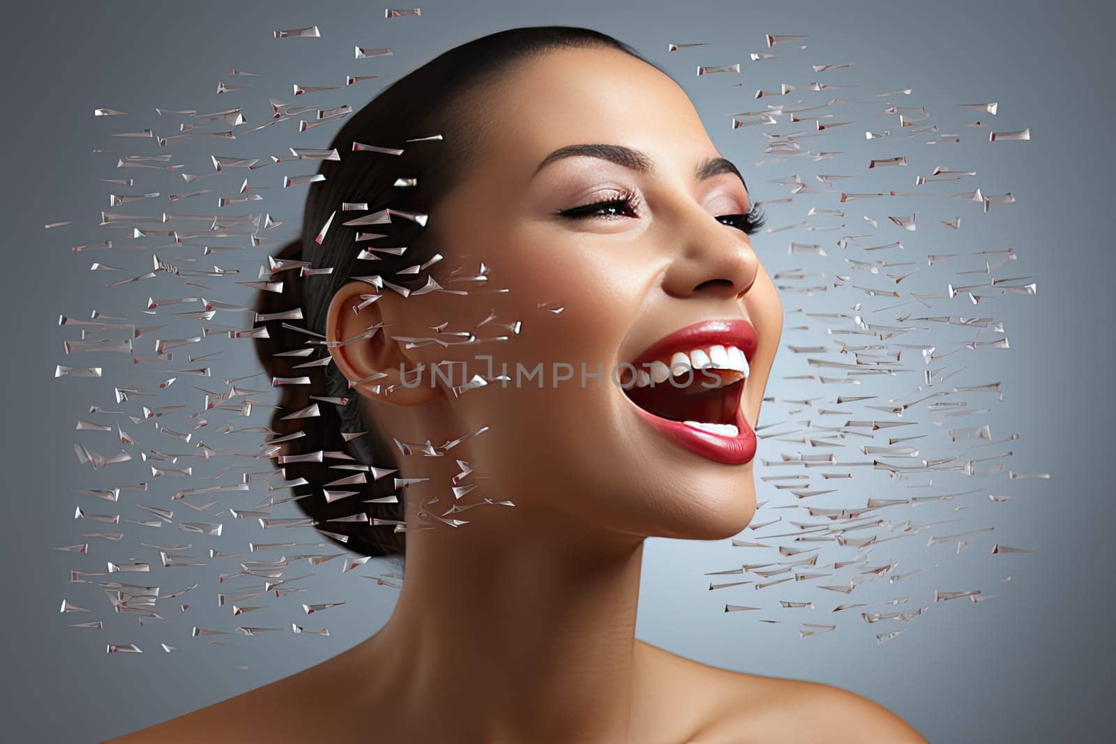 Beautiful woman's smile with healthy white, straight teeth close-up, background with space for text, Design for beauty industry, dentistry, Generative AI