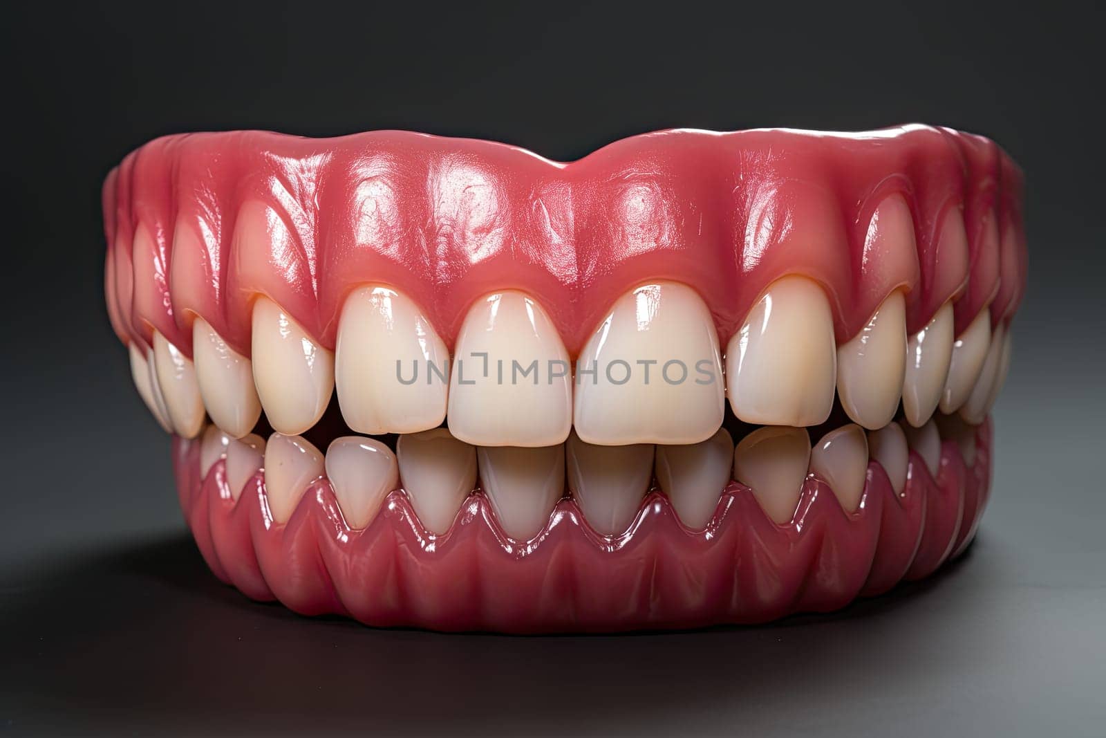 A mock-up of a jaw and even teeth on a dark background or on a table. Generate Ai by AnatoliiFoto