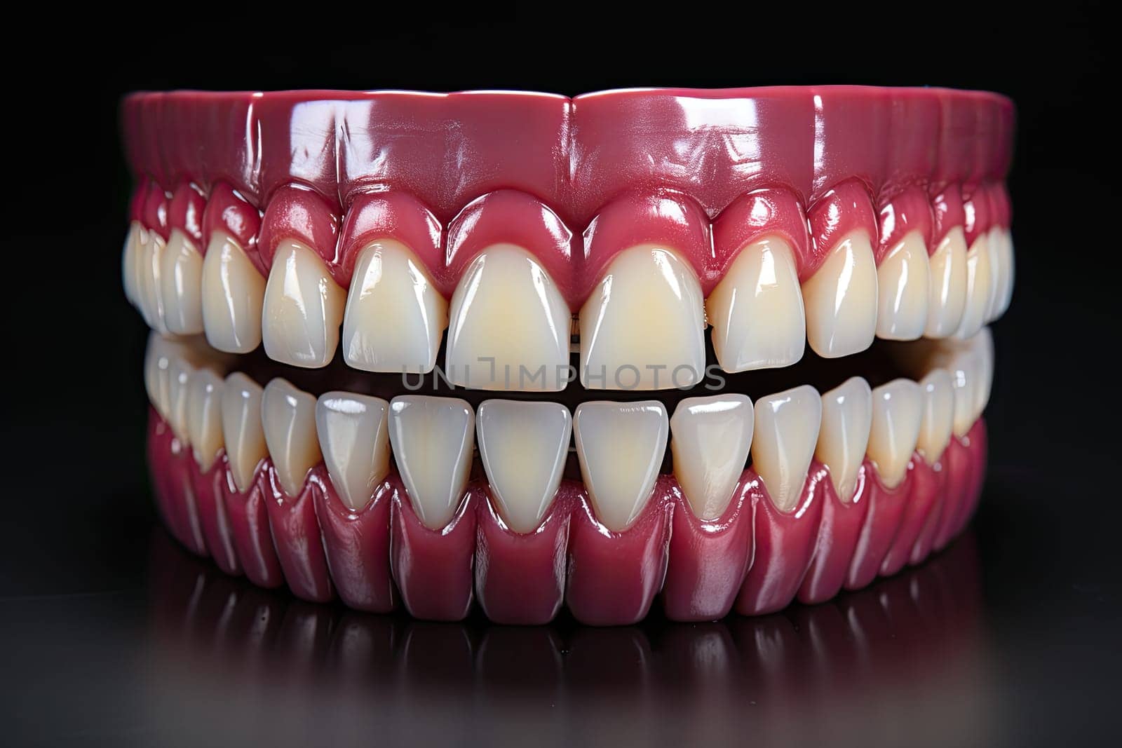 A mock-up of a jaw and even teeth on a dark background or on a table. Generate Ai by AnatoliiFoto