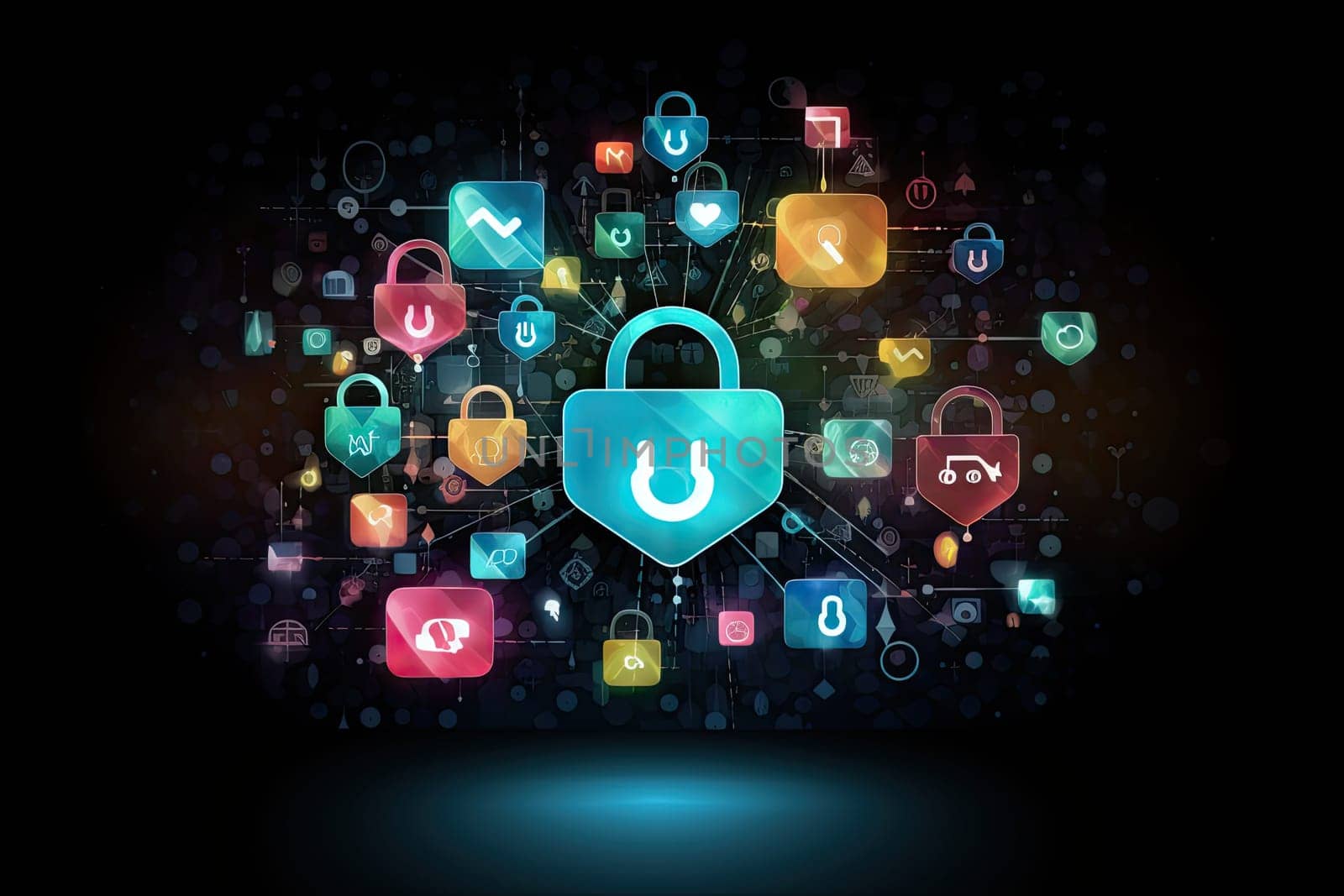 Social media security, a lock around which social media application icons, a security concept, AI by AnatoliiFoto