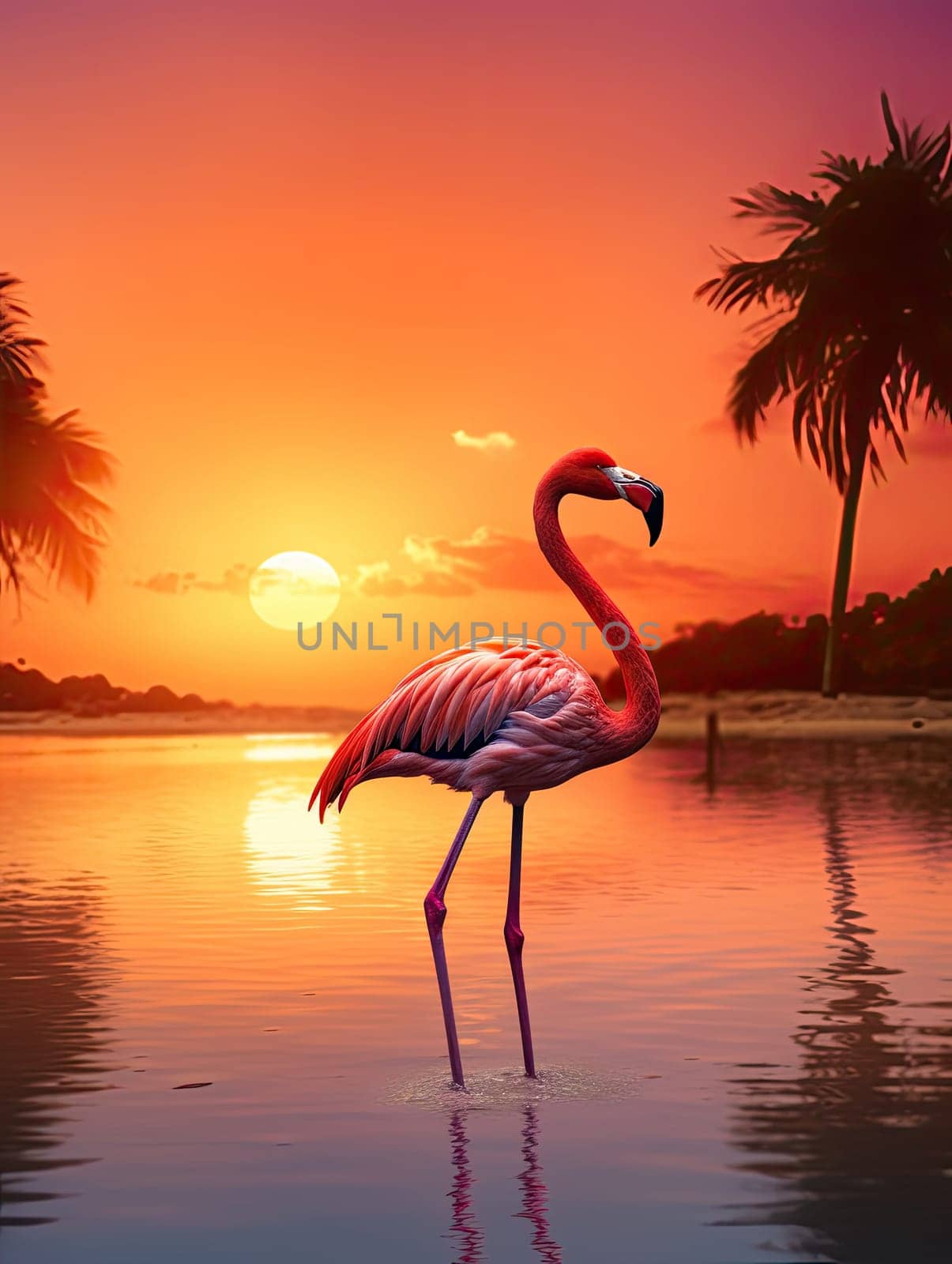 Beautiful pink flamingo in lake with reflection on beautiful sunset background. Generative AI
