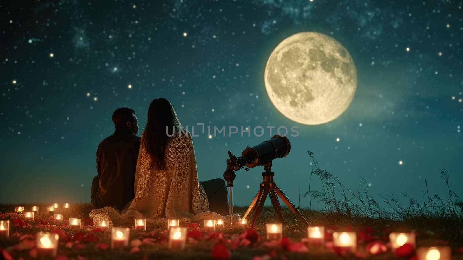 young couple looking out to night sky in valentines day pragma by biancoblue
