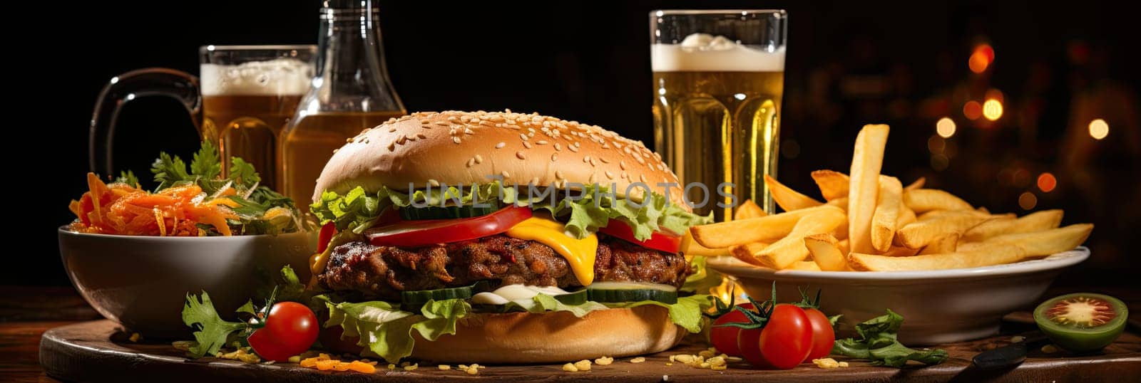 Tasty hamburger, fast food set on plate. burger, potato chips, french fries, fried cheese and more on table, AI by AnatoliiFoto