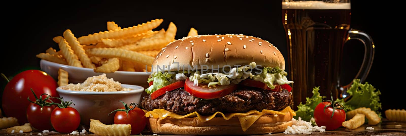 Tasty hamburger, fast food set on plate. burger, potato chips, french fries, fried cheese and more on table, AI by AnatoliiFoto