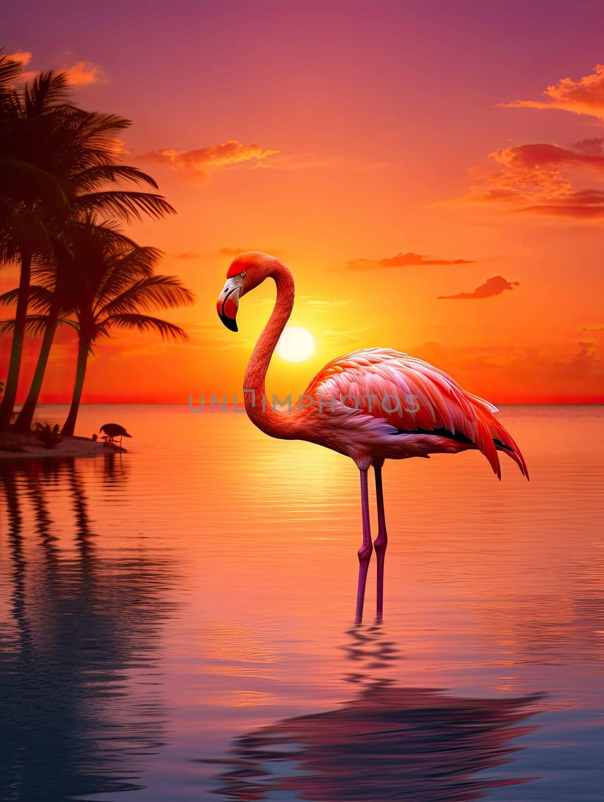 Beautiful pink flamingo in lake with reflection on beautiful sunset background. AI by AnatoliiFoto