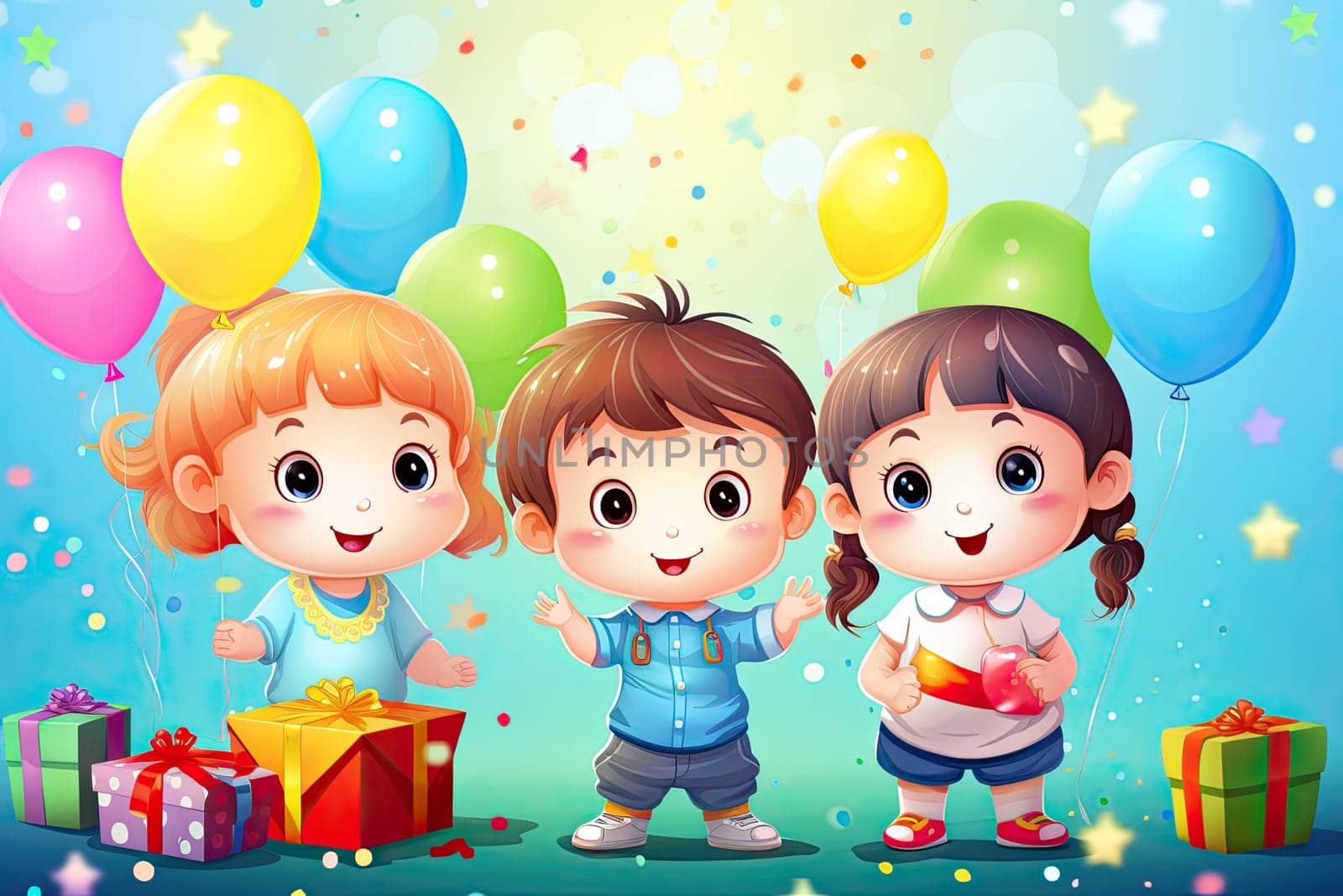 Happy children jump together and hold balloons, next to them gifts and a cake. Generate Ai