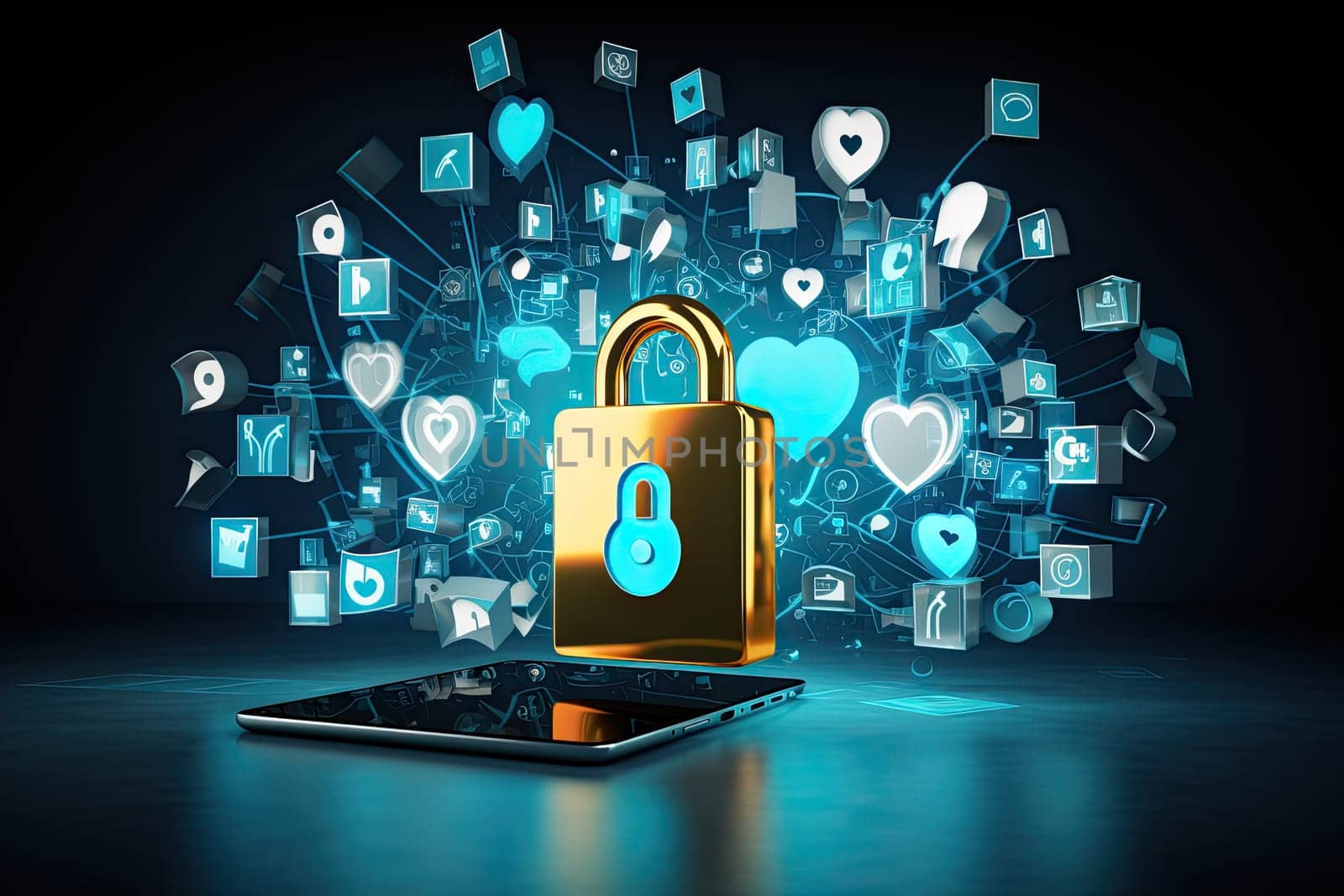 Social media security, a lock around which social media application icons, a security concept, AI by AnatoliiFoto