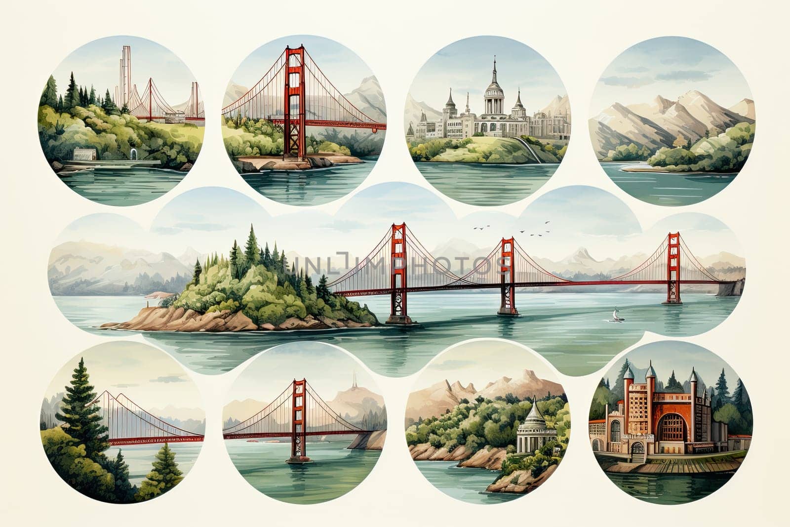 Golden Gate Bridge in San Francisco or Brooklyn bridge, USA. The big, red suspension bridge across the Strait in America, Generative AI