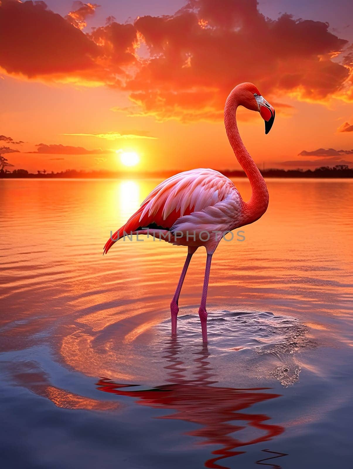 Beautiful pink flamingo in lake with reflection on beautiful sunset background. Generative AI