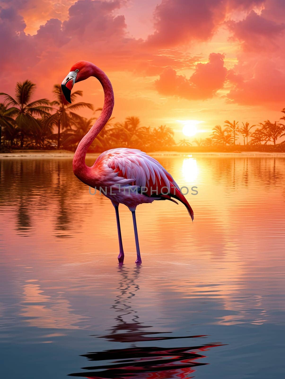 Beautiful pink flamingo in lake with reflection on beautiful sunset background. AI by AnatoliiFoto