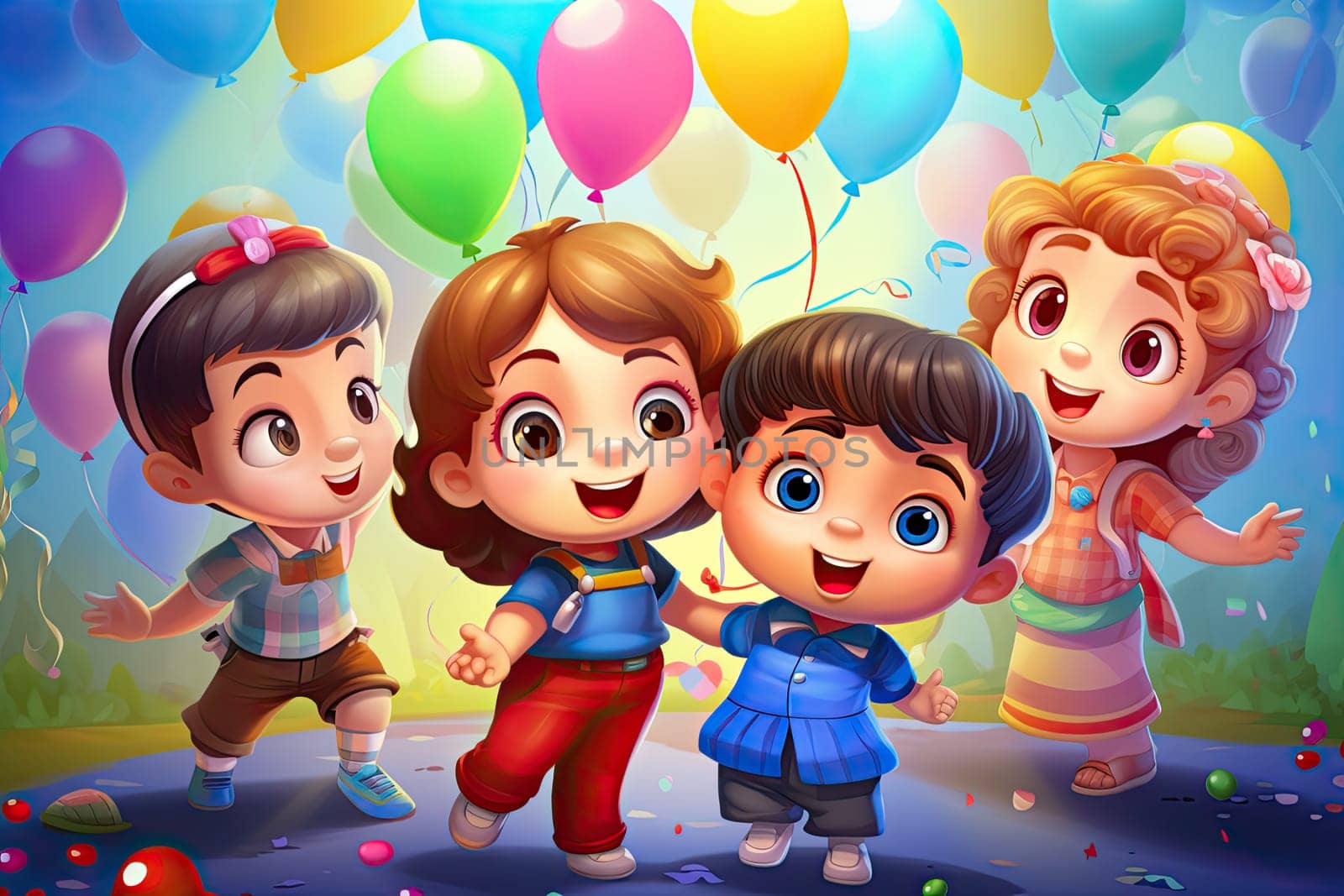 Happy children jump together and hold balloons, next to them gifts and a cake by AnatoliiFoto