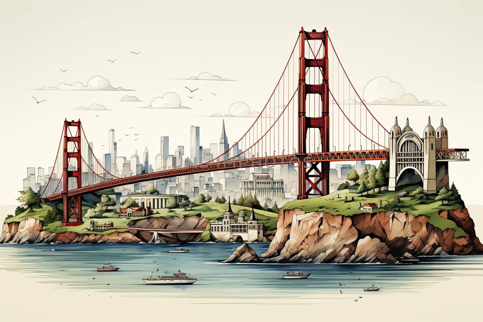 Golden Gate Bridge in San Francisco or Brooklyn bridge, USA. The big, red suspension bridge across the Strait in America, Generative AI