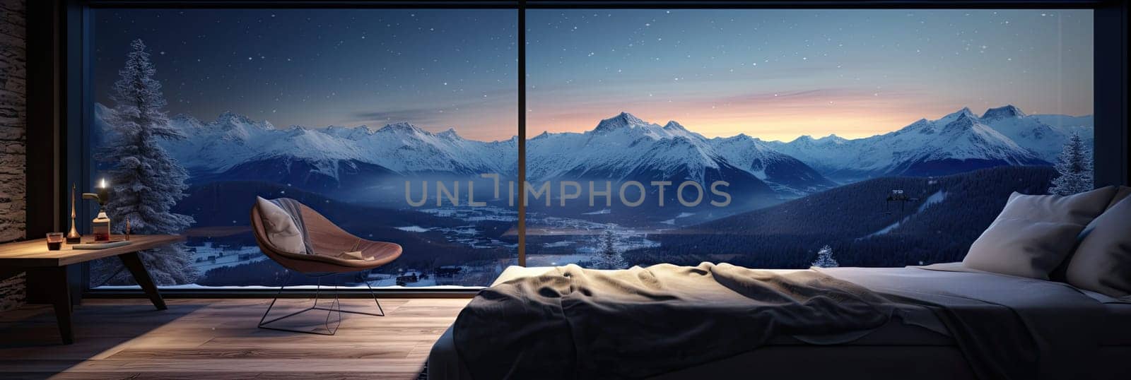 beautiful and cozy place in the hotel with a view of the winter, snowy mountains, Generative AI.